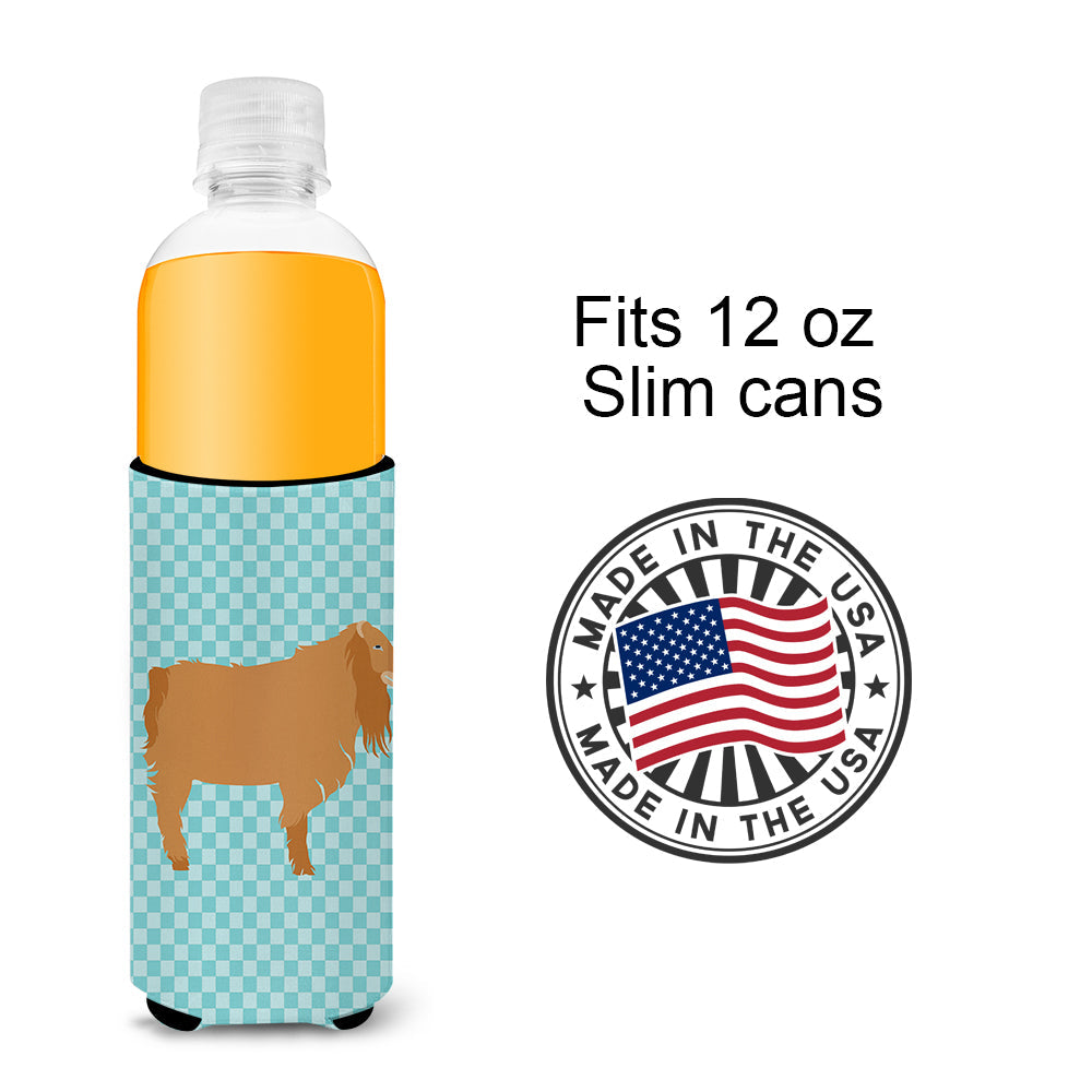 American Lamancha Goat Blue Check Slim Can Hugger , Insulated Foam Hugger for 12 oz Slim Cans, Beer Bottles & Water Bottles, Printed in USA