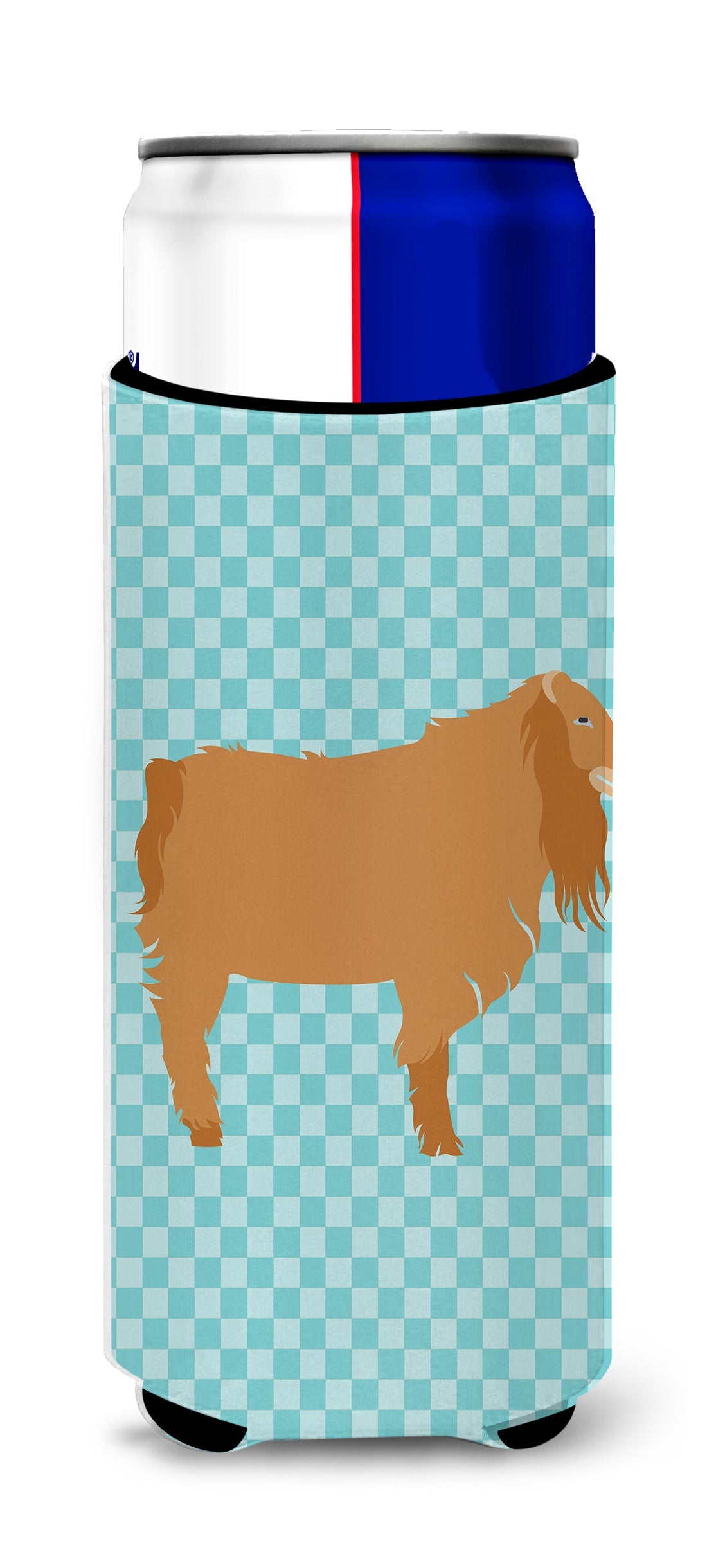 American Lamancha Goat Blue Check Slim Can Hugger , Insulated Foam Hugger for 12 oz Slim Cans, Beer Bottles & Water Bottles, Printed in USA