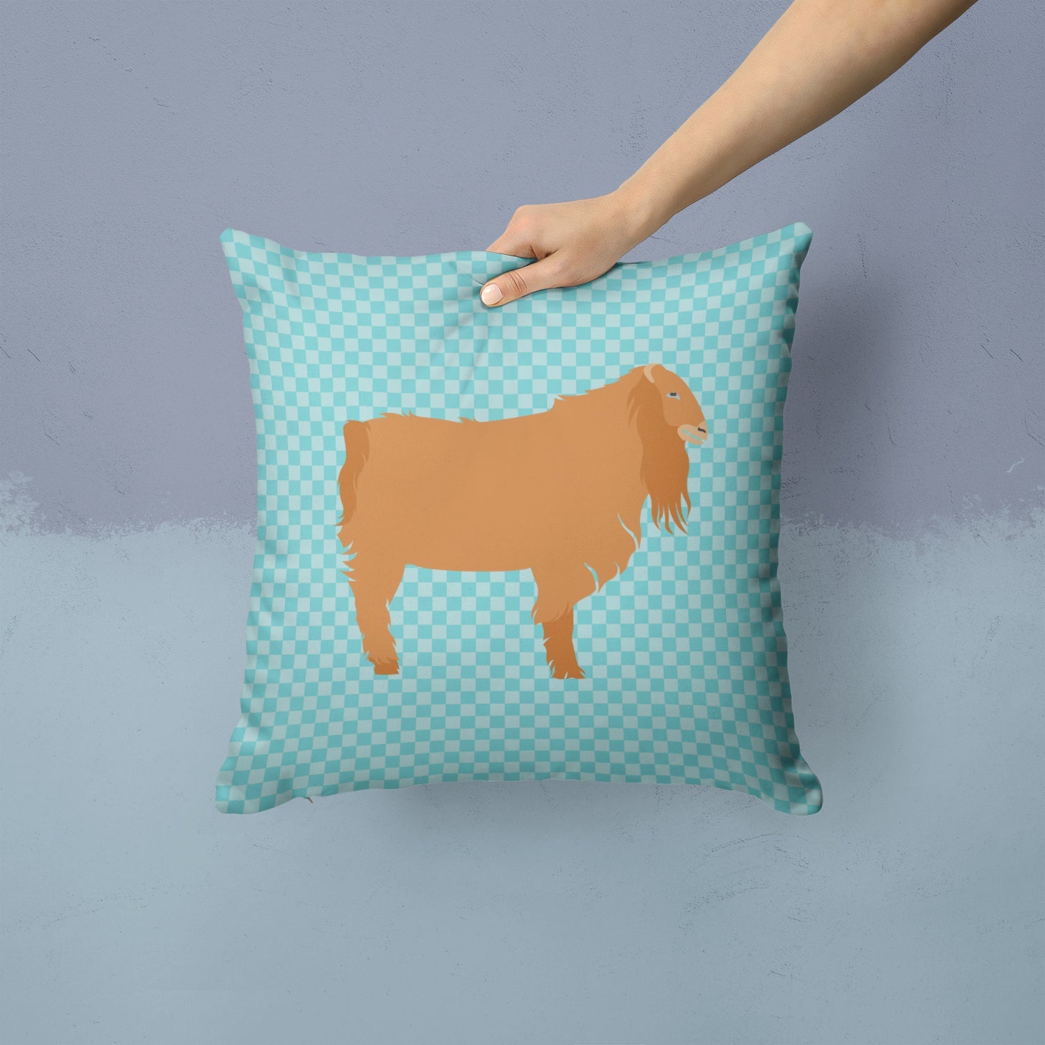 American Lamancha Goat Blue Check Decorative Throw Pillow 14x14 Indoor Outdoor Accent Cushion, Fabric Cover with Insert for Sofa, Bed, Porch & Living Room