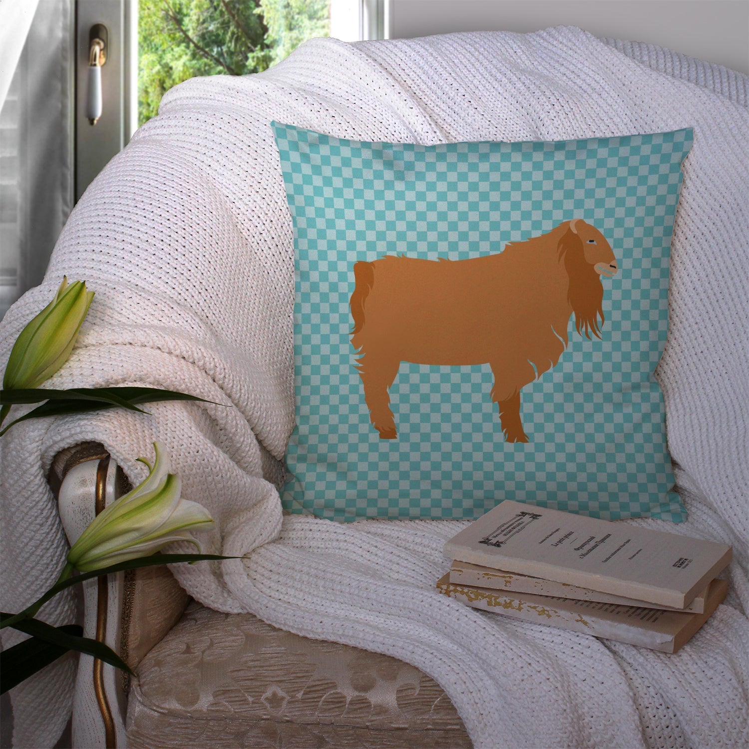 American Lamancha Goat Blue Check Decorative Throw Pillow 14x14 Indoor Outdoor Accent Cushion, Fabric Cover with Insert for Sofa, Bed, Porch & Living Room