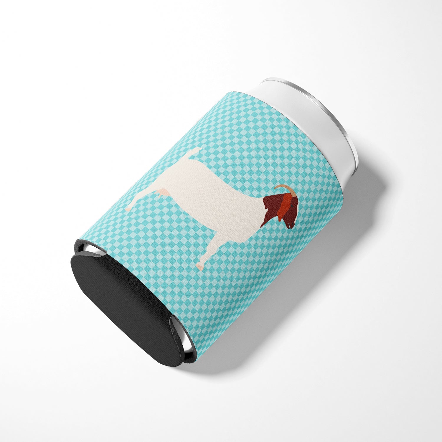 Boer Goat Blue Check Can or Bottle Hugger Cooler Sleeve for Standard 12 oz Cans, Insulated Foam Beer & Soda Can Hugger Reusable