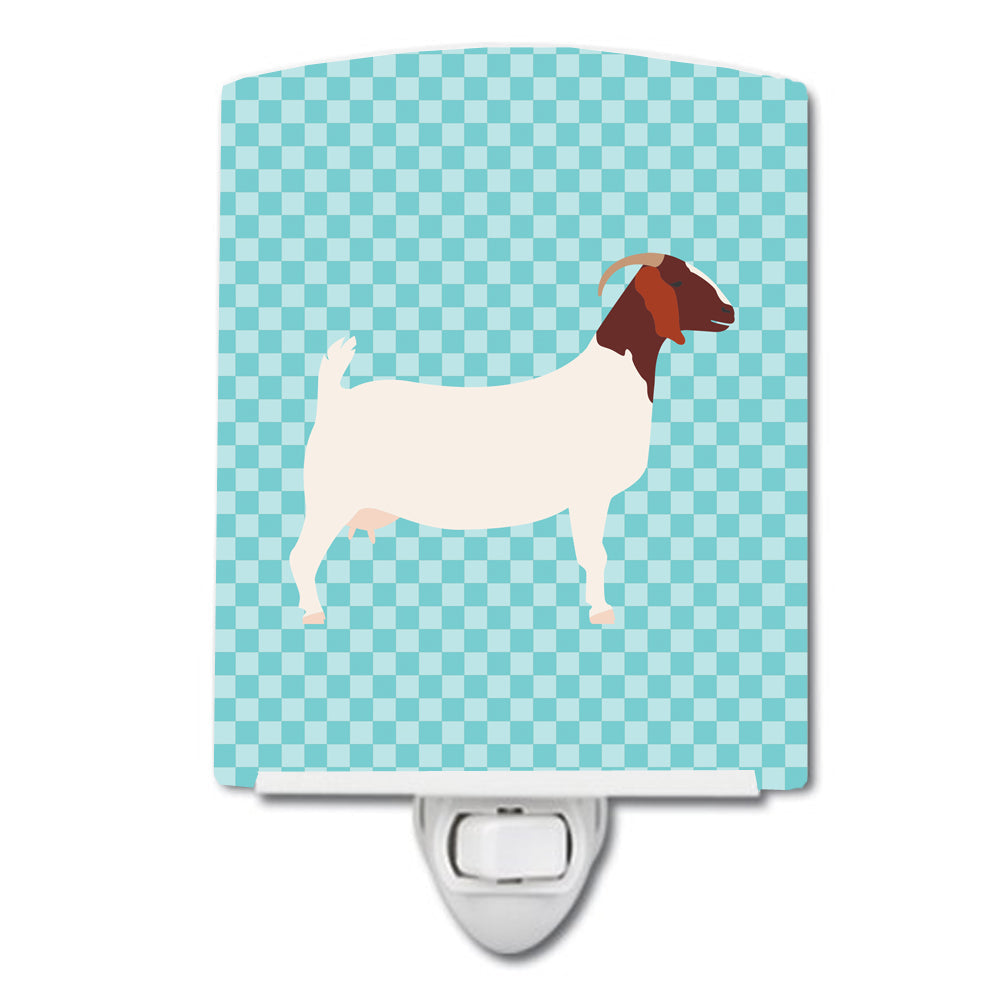 Boer Goat Blue Check Ceramic Night Light Compact, UL-Certified, Ideal for Bedroom, Bathroom, Nursery, Hallway, Kitchen, 6x4x3, Multicolor