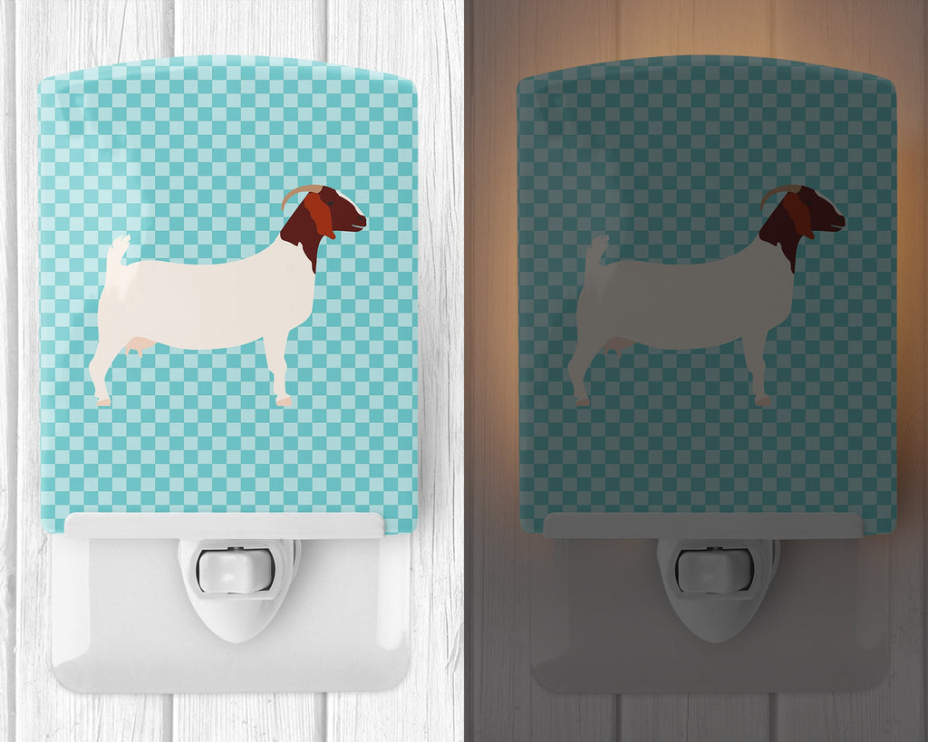 Boer Goat Blue Check Ceramic Night Light Compact, UL-Certified, Ideal for Bedroom, Bathroom, Nursery, Hallway, Kitchen, 6x4x3, Multicolor