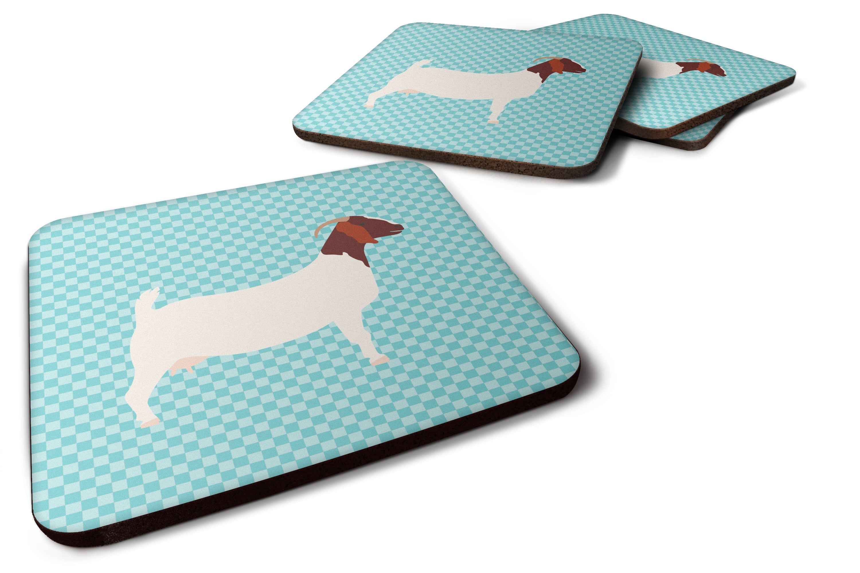 Boer Goat Blue Check Foam Coasters Set of 4 Cup Coasters for Indoor Outdoor, Tabletop Protection, Anti Slip, Mouse pad Material
