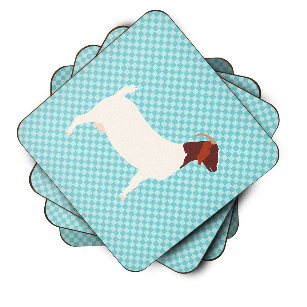 Boer Goat Blue Check Foam Coasters Set of 4 Cup Coasters for Indoor Outdoor, Tabletop Protection, Anti Slip, Mouse pad Material