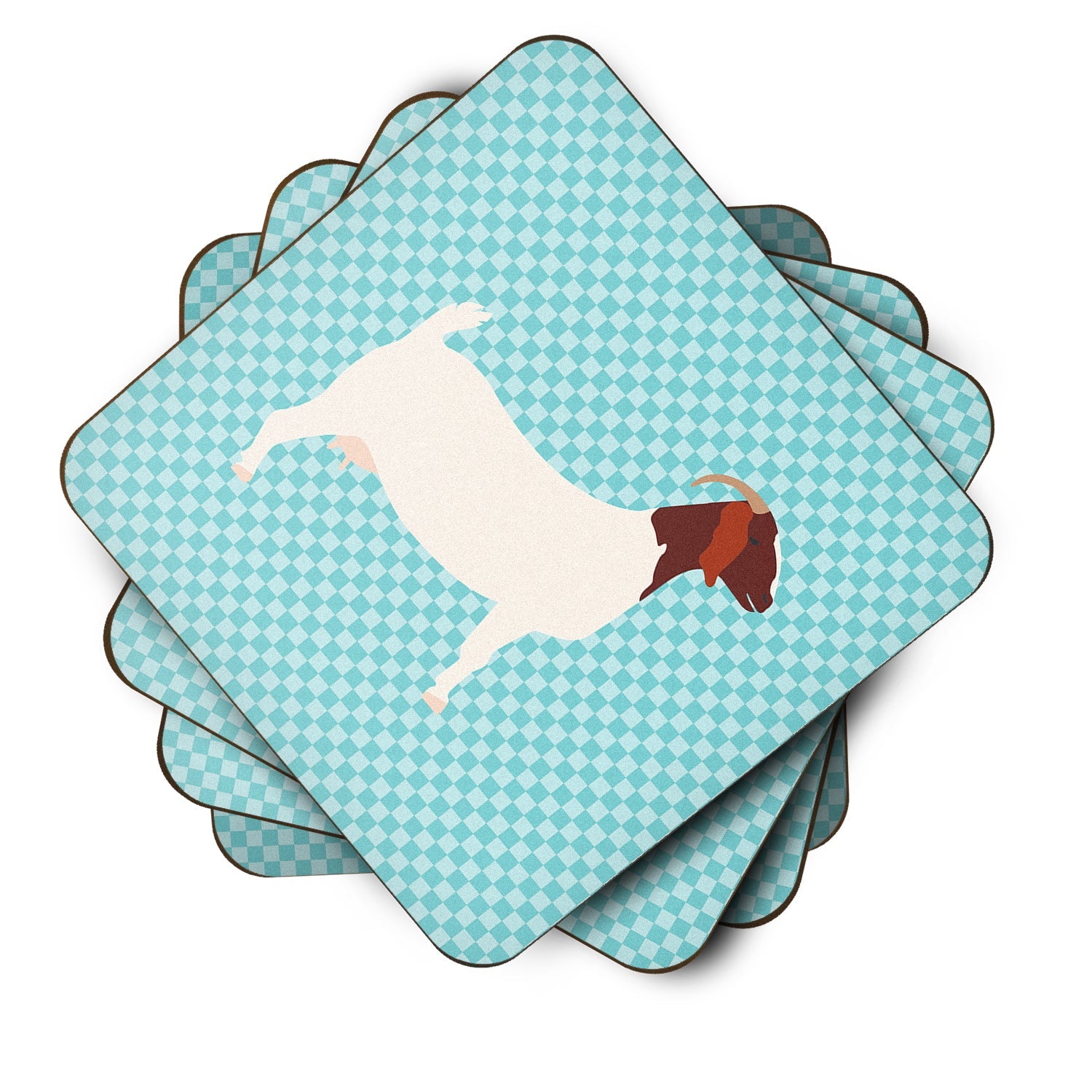 Boer Goat Blue Check Foam Coasters Set of 4 Cup Coasters for Indoor Outdoor, Tabletop Protection, Anti Slip, Mouse pad Material