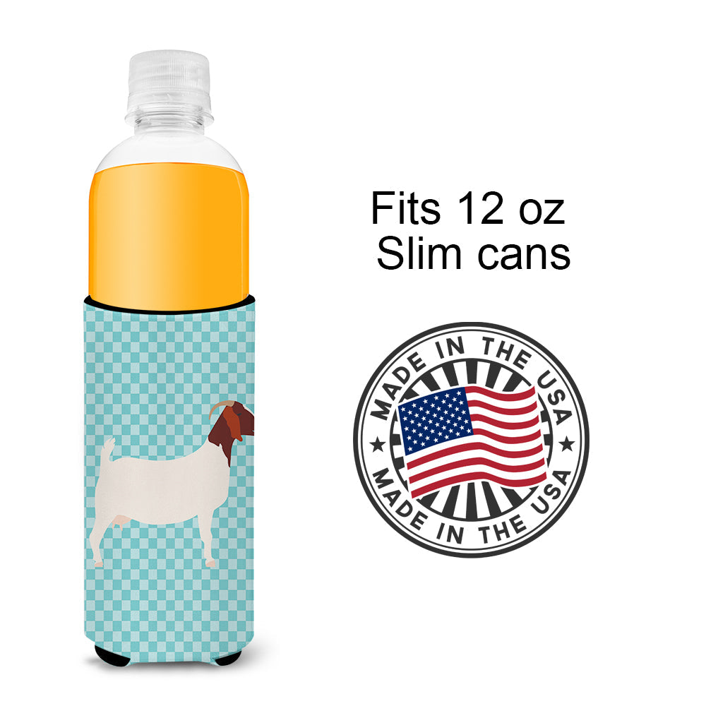 Boer Goat Blue Check Slim Can Hugger , Insulated Foam Hugger for 12 oz Slim Cans, Beer Bottles & Water Bottles, Printed in USA