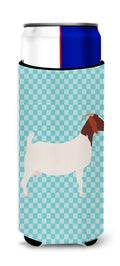 Boer Goat Blue Check Slim Can Hugger , Insulated Foam Hugger for 12 oz Slim Cans, Beer Bottles & Water Bottles, Printed in USA