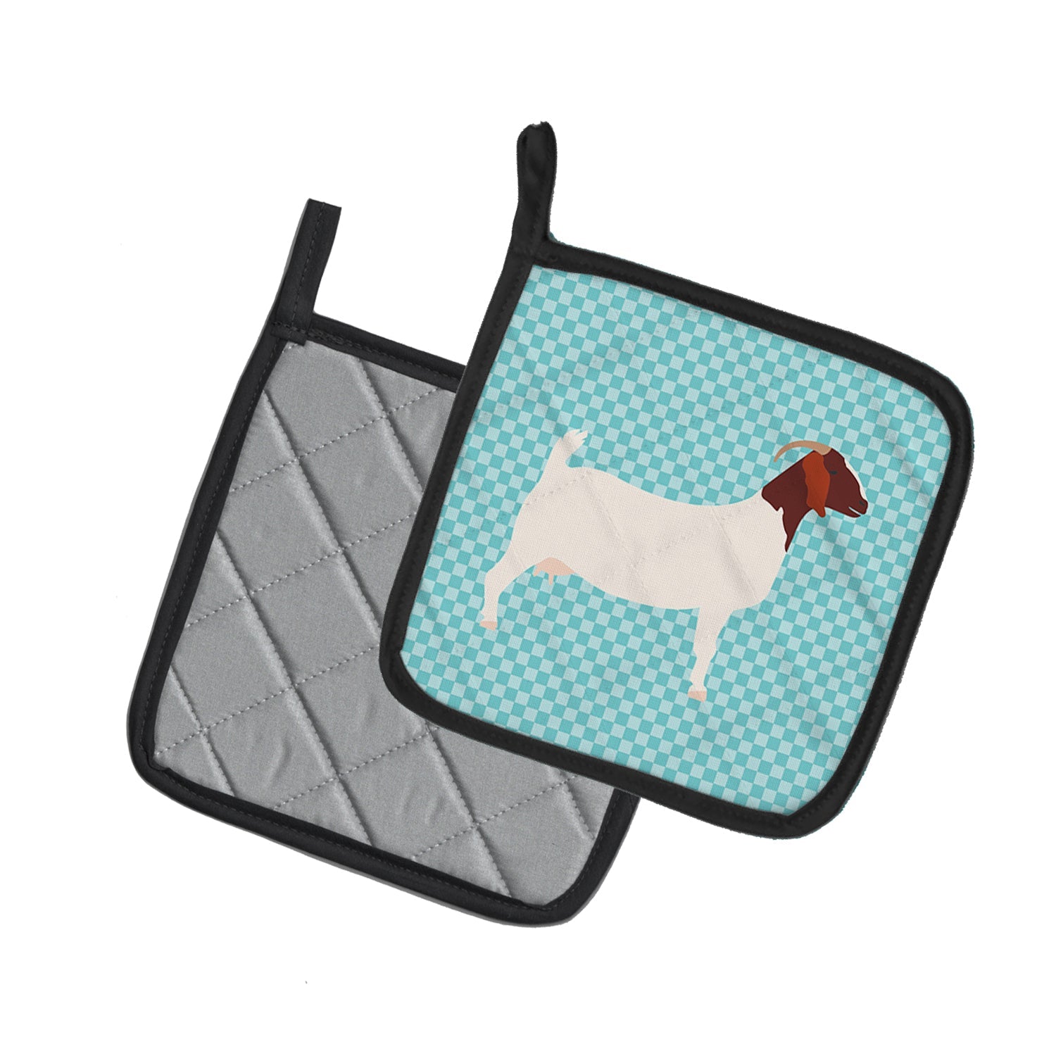 Boer Goat Blue Check Pot Holder Set of 2 Heat Resistant Quilted Hot Pads 7.5 x 7.5 Inch, Insulated Kitchen Trivets for Cooking & Baking