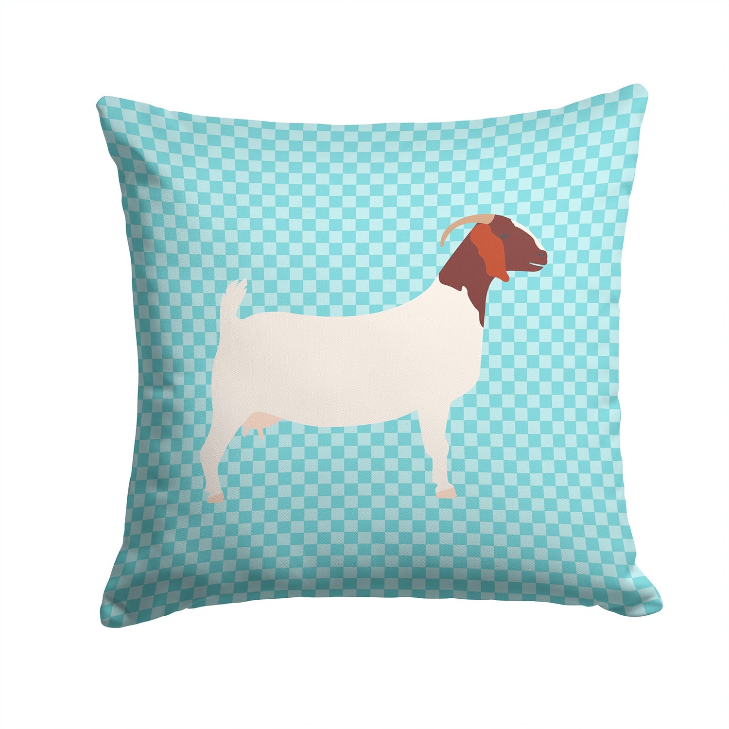 Boer Goat Blue Check Decorative Throw Pillow 14x14 Indoor Outdoor Accent Cushion, Fabric Cover with Insert for Sofa, Bed, Porch & Living Room