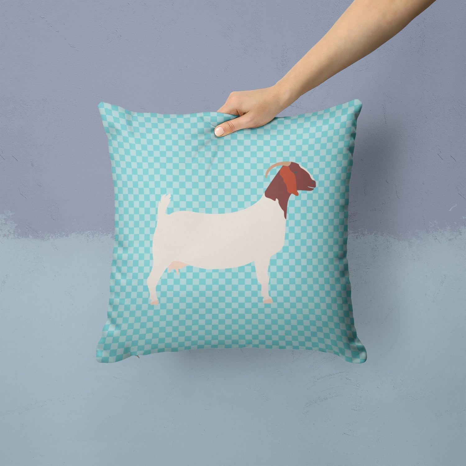 Boer Goat Blue Check Decorative Throw Pillow 14x14 Indoor Outdoor Accent Cushion, Fabric Cover with Insert for Sofa, Bed, Porch & Living Room