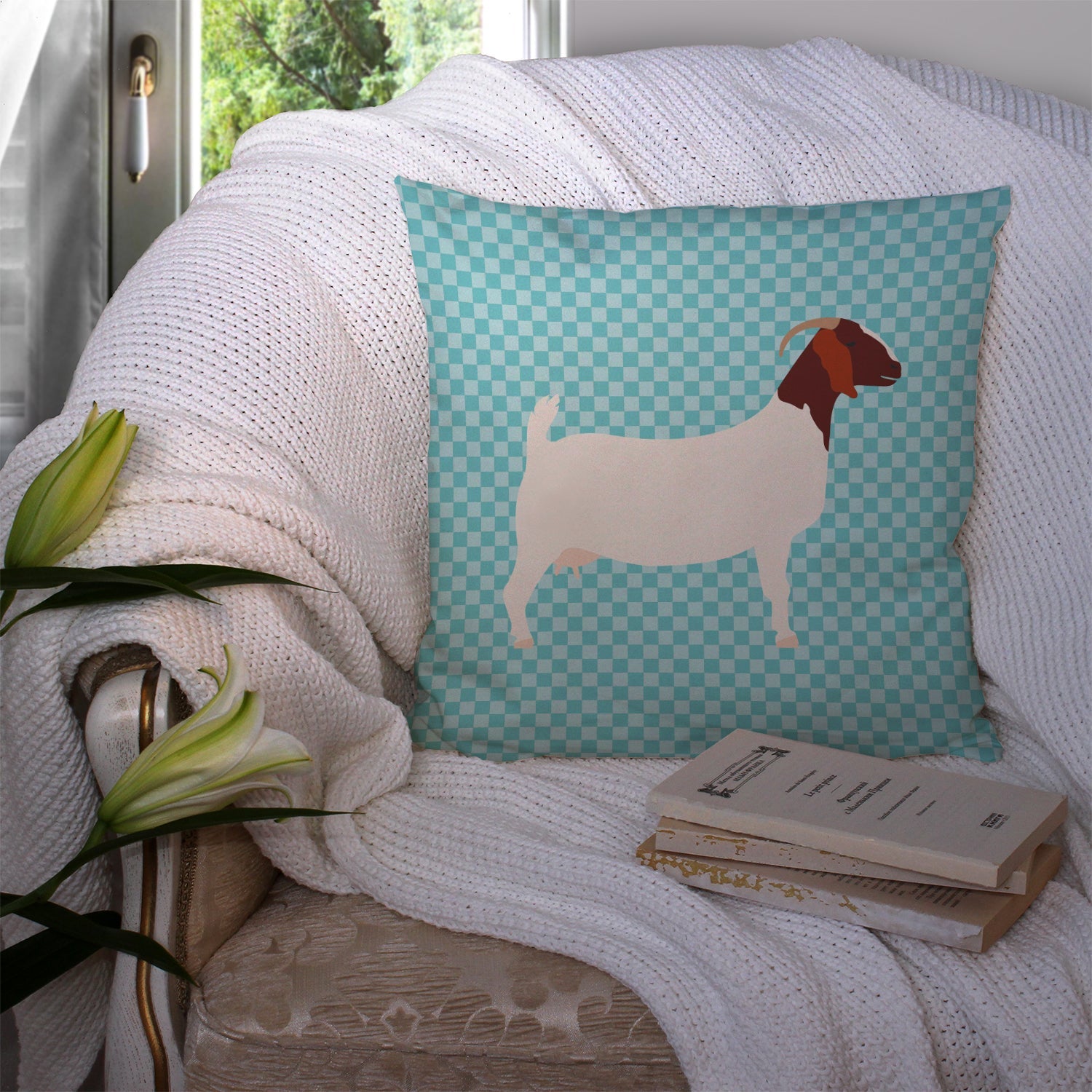 Boer Goat Blue Check Decorative Throw Pillow 14x14 Indoor Outdoor Accent Cushion, Fabric Cover with Insert for Sofa, Bed, Porch & Living Room