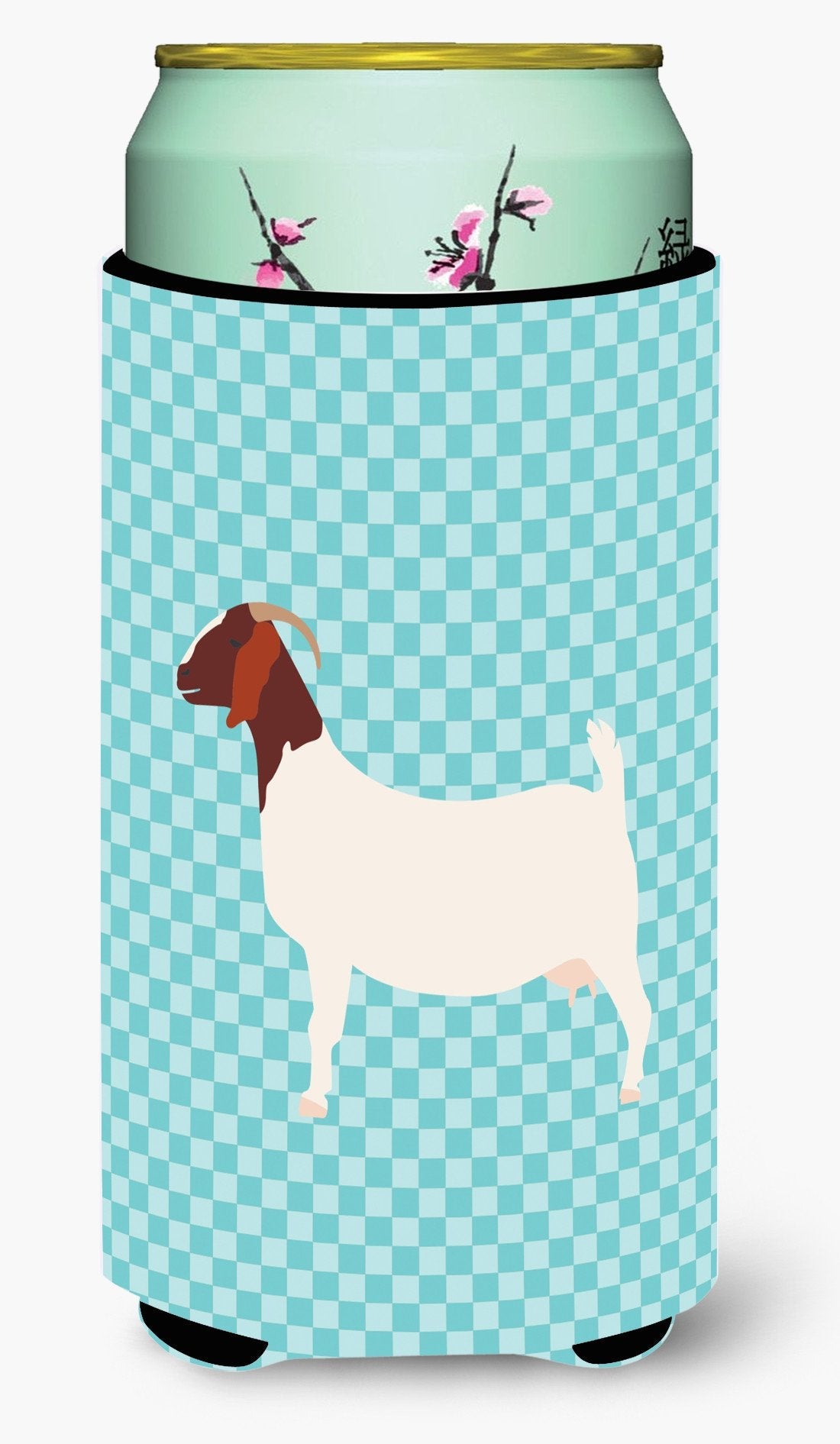 Boer Goat Blue Check Tall Boy Hugger Can Cooler Sleeve Machine Washable Drink Collapsible Insulator Beverage Insulated Holder