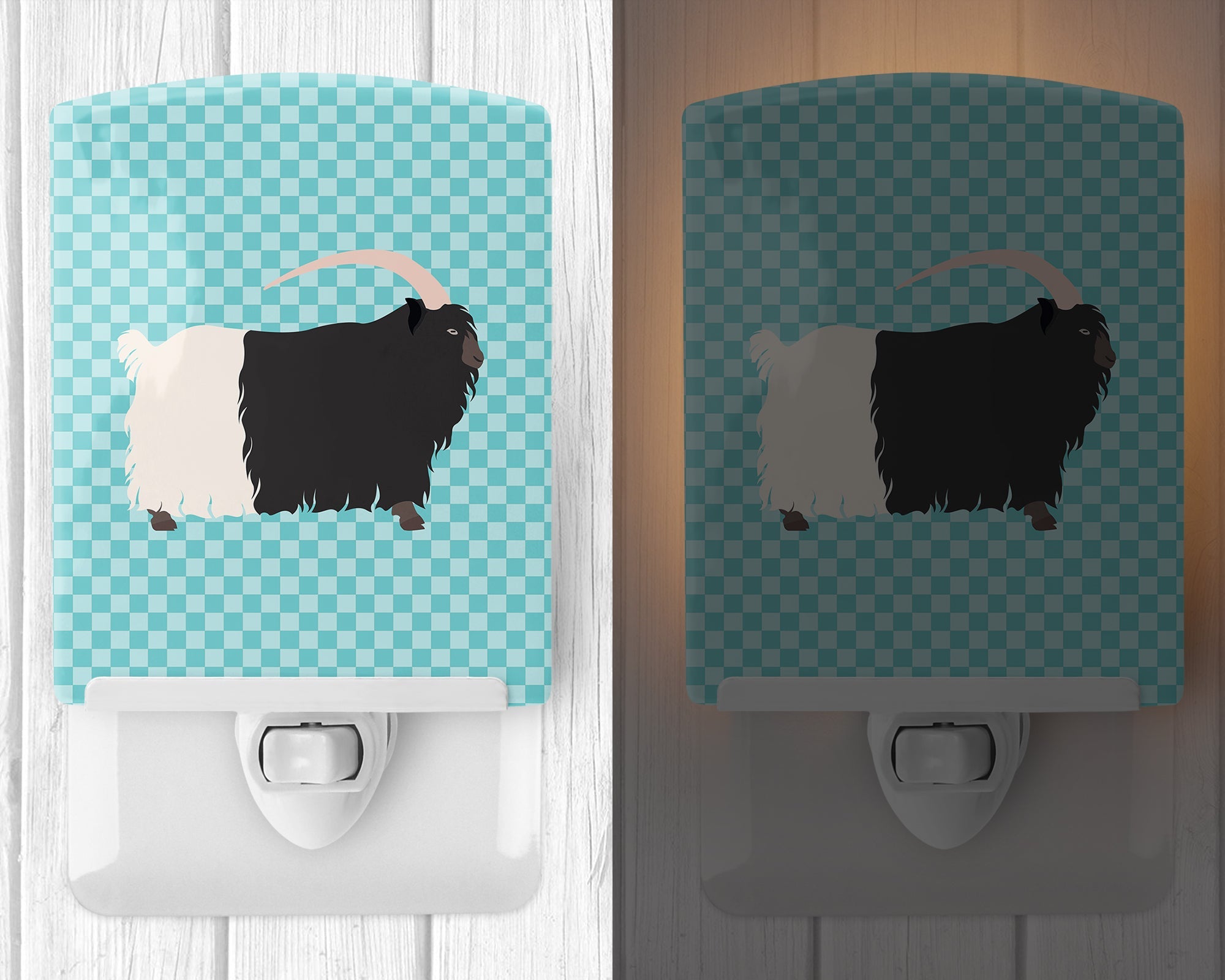 Welsh Black-Necked Goat Blue Check Ceramic Night Light Compact, UL-Certified, Ideal for Bedroom, Bathroom, Nursery, Hallway, Kitchen, 6x4x3, Multicolor