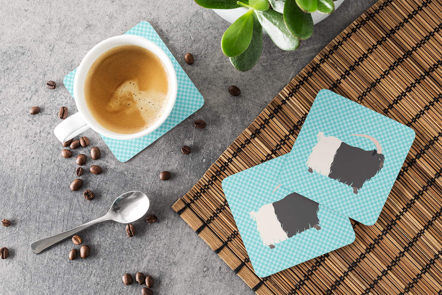 Welsh Black-Necked Goat Blue Check Foam Coasters Set of 4 Cup Coasters for Indoor Outdoor, Tabletop Protection, Anti Slip, Mouse pad Material