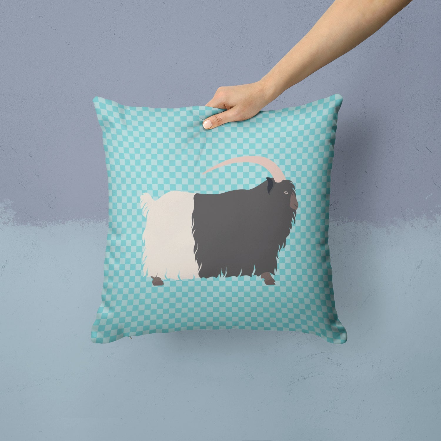 Welsh Black-Necked Goat Blue Check Decorative Throw Pillow 14x14 Indoor Outdoor Accent Cushion, Fabric Cover with Insert for Sofa, Bed, Porch & Living Room