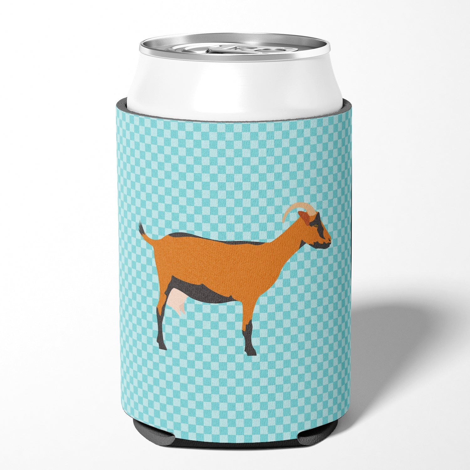 Oberhasli Goat Blue Check Can or Bottle Hugger Cooler Sleeve for Standard 12 oz Cans, Insulated Foam Beer & Soda Can Hugger Reusable