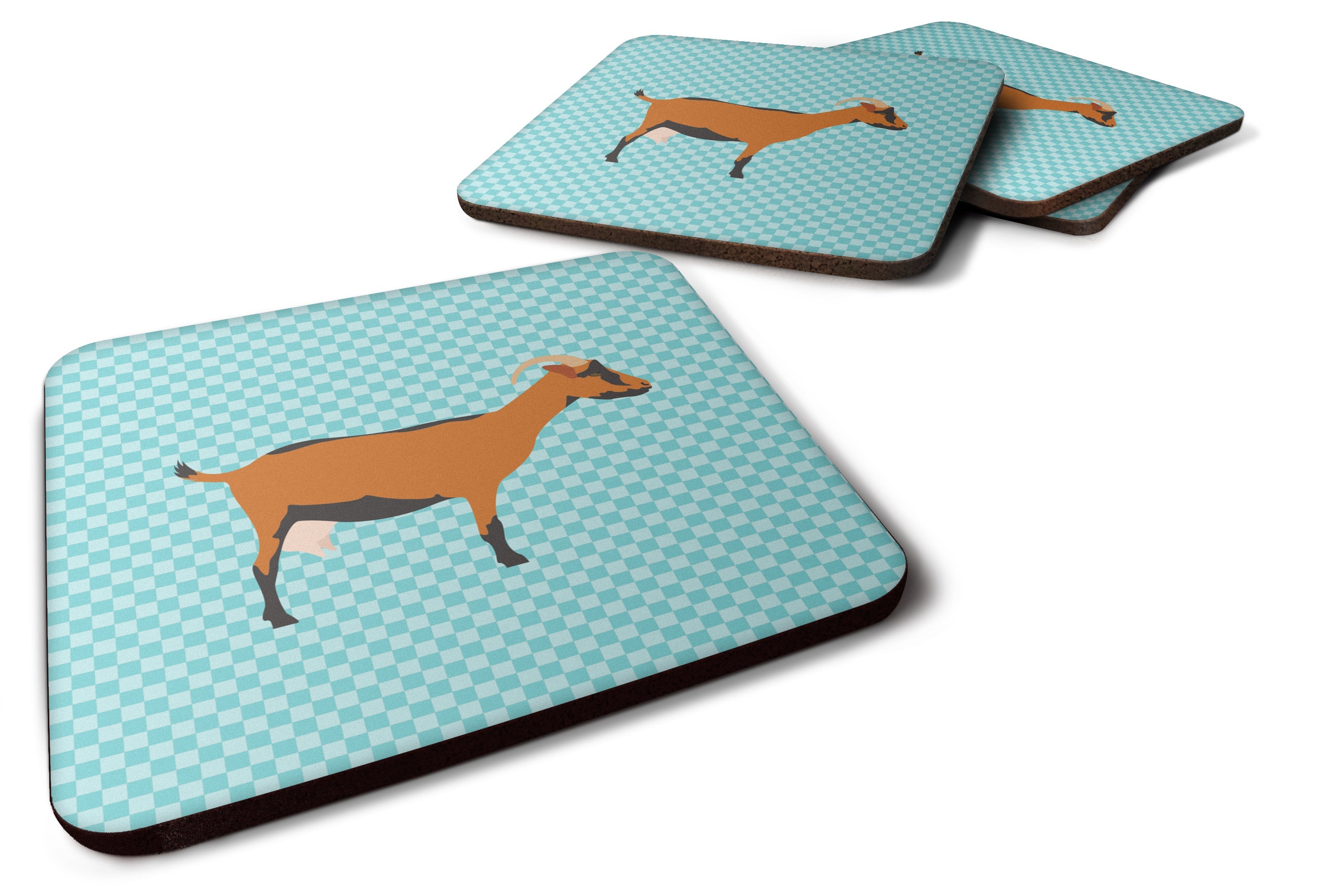 Oberhasli Goat Blue Check Foam Coasters Set of 4 Cup Coasters for Indoor Outdoor, Tabletop Protection, Anti Slip, Mouse pad Material