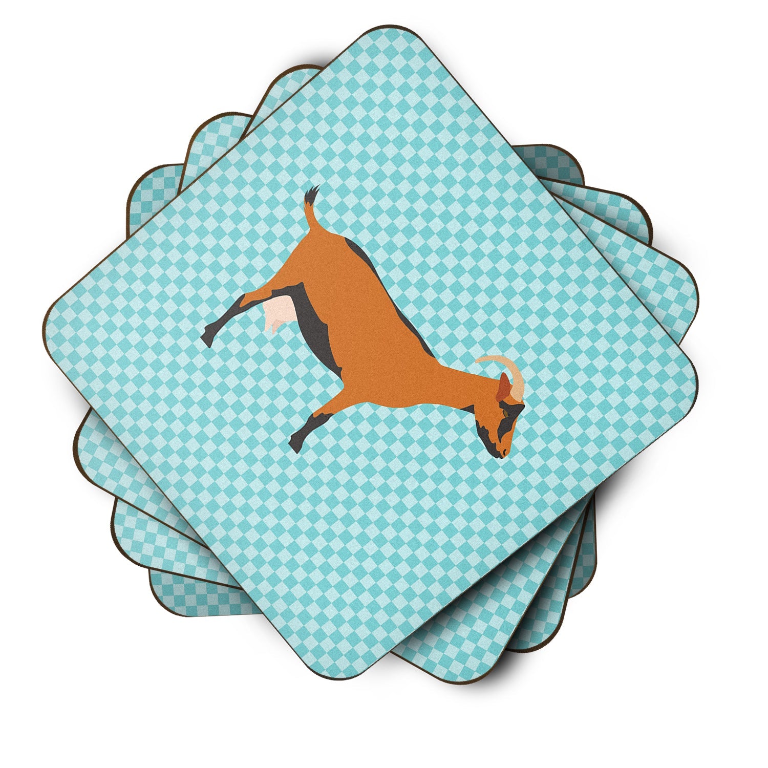 Oberhasli Goat Blue Check Foam Coasters Set of 4 Cup Coasters for Indoor Outdoor, Tabletop Protection, Anti Slip, Mouse pad Material