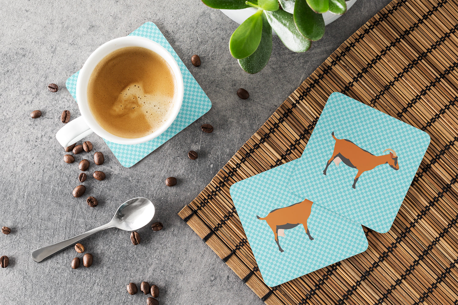 Oberhasli Goat Blue Check Foam Coasters Set of 4 Cup Coasters for Indoor Outdoor, Tabletop Protection, Anti Slip, Mouse pad Material