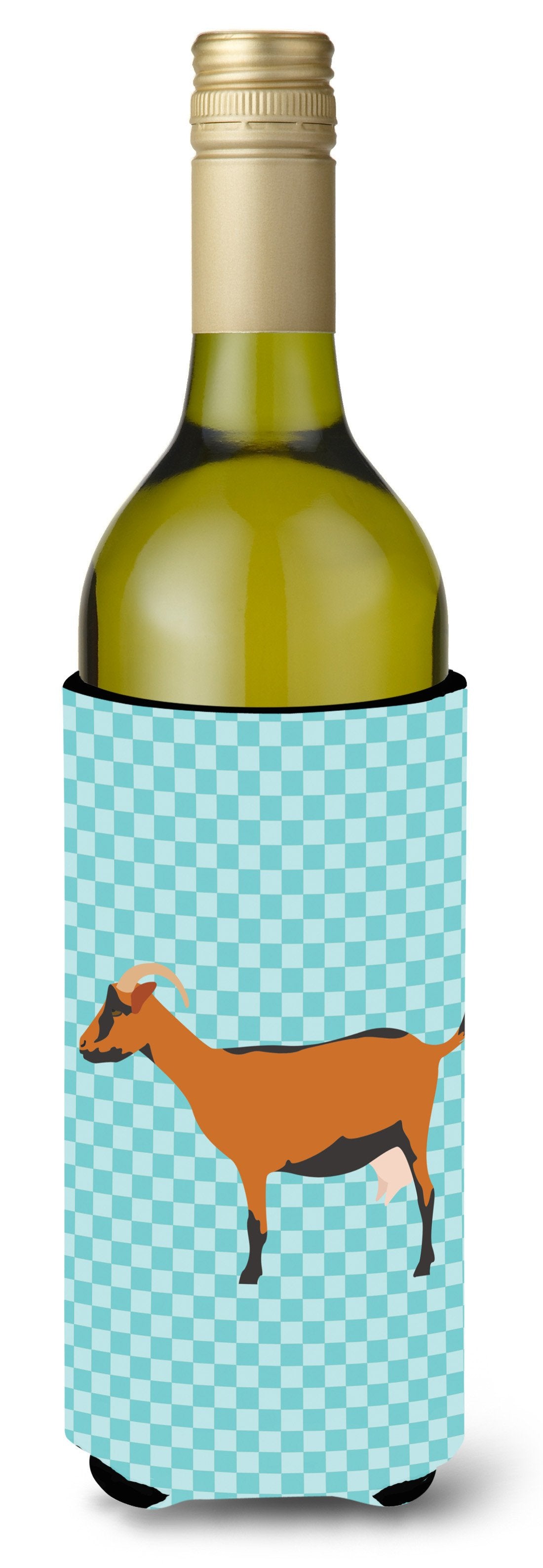 Oberhasli Goat Blue Check Wine Bottle Hugger Gift Sleeve for Standard 750 ml Bottles, Insulated Reusable Also Fits Mini Shot & Pint Bottles