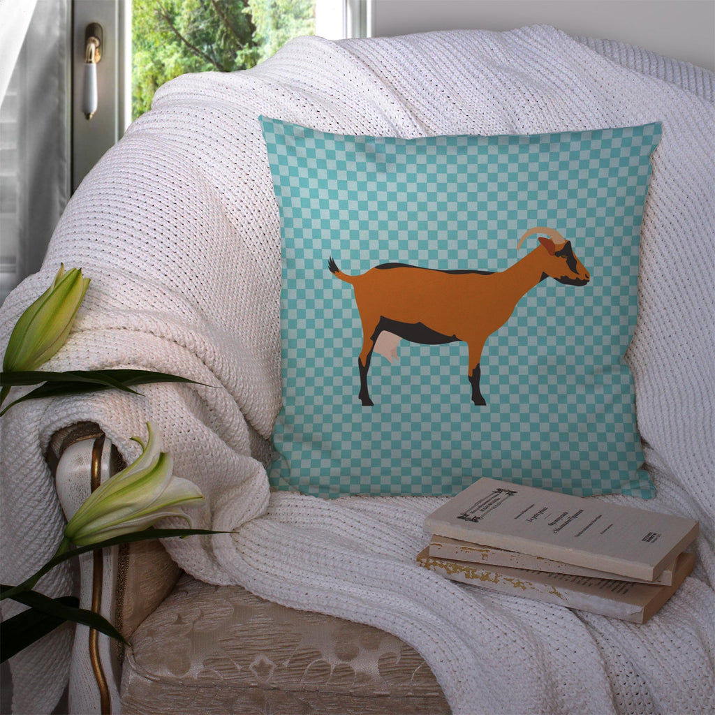 Oberhasli Goat Blue Check Decorative Throw Pillow 14x14 Indoor Outdoor Accent Cushion, Fabric Cover with Insert for Sofa, Bed, Porch & Living Room