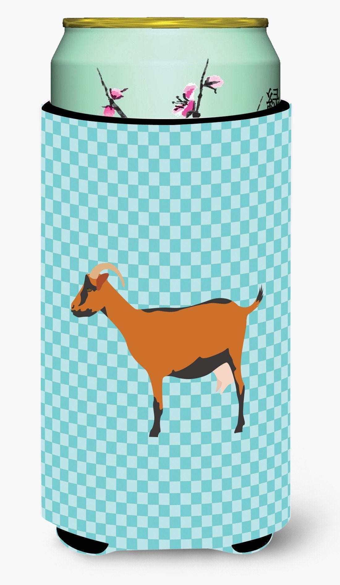 Oberhasli Goat Blue Check Tall Boy Hugger Can Cooler Sleeve Machine Washable Drink Collapsible Insulator Beverage Insulated Holder