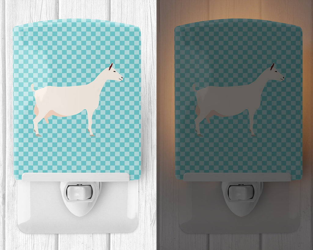 Saanen Goat Blue Check Ceramic Night Light Compact, UL-Certified, Ideal for Bedroom, Bathroom, Nursery, Hallway, Kitchen, 6x4x3, Multicolor