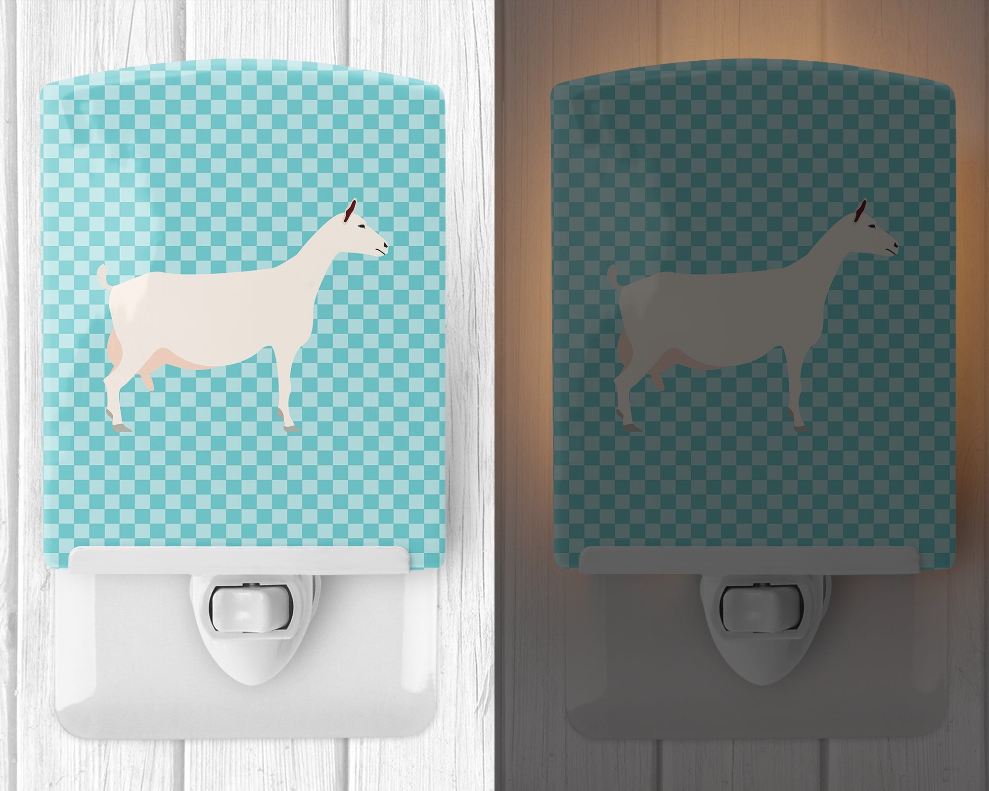 Saanen Goat Blue Check Ceramic Night Light Compact, UL-Certified, Ideal for Bedroom, Bathroom, Nursery, Hallway, Kitchen, 6x4x3, Multicolor