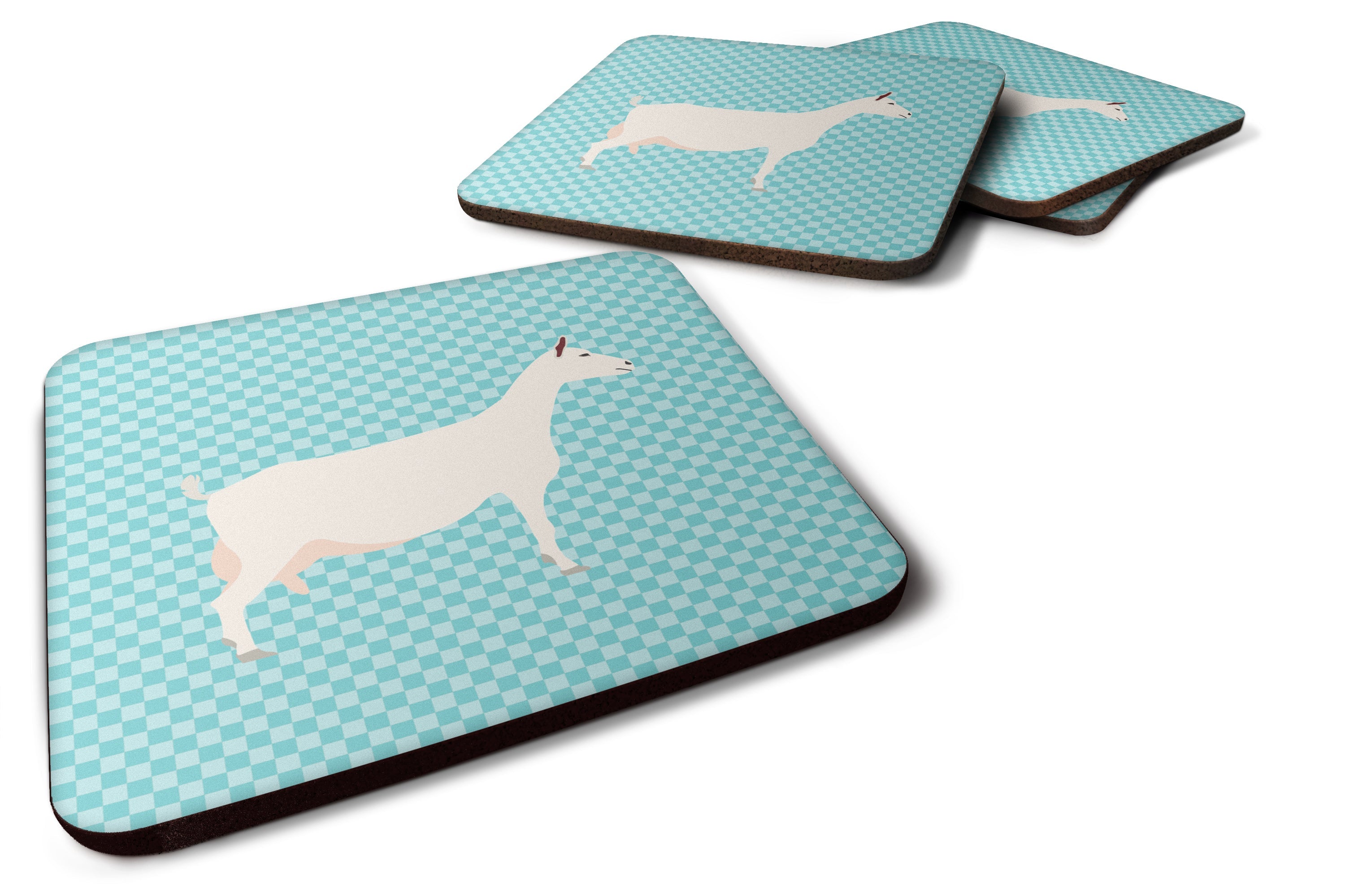 Saanen Goat Blue Check Foam Coasters Set of 4 Cup Coasters for Indoor Outdoor, Tabletop Protection, Anti Slip, Mouse pad Material
