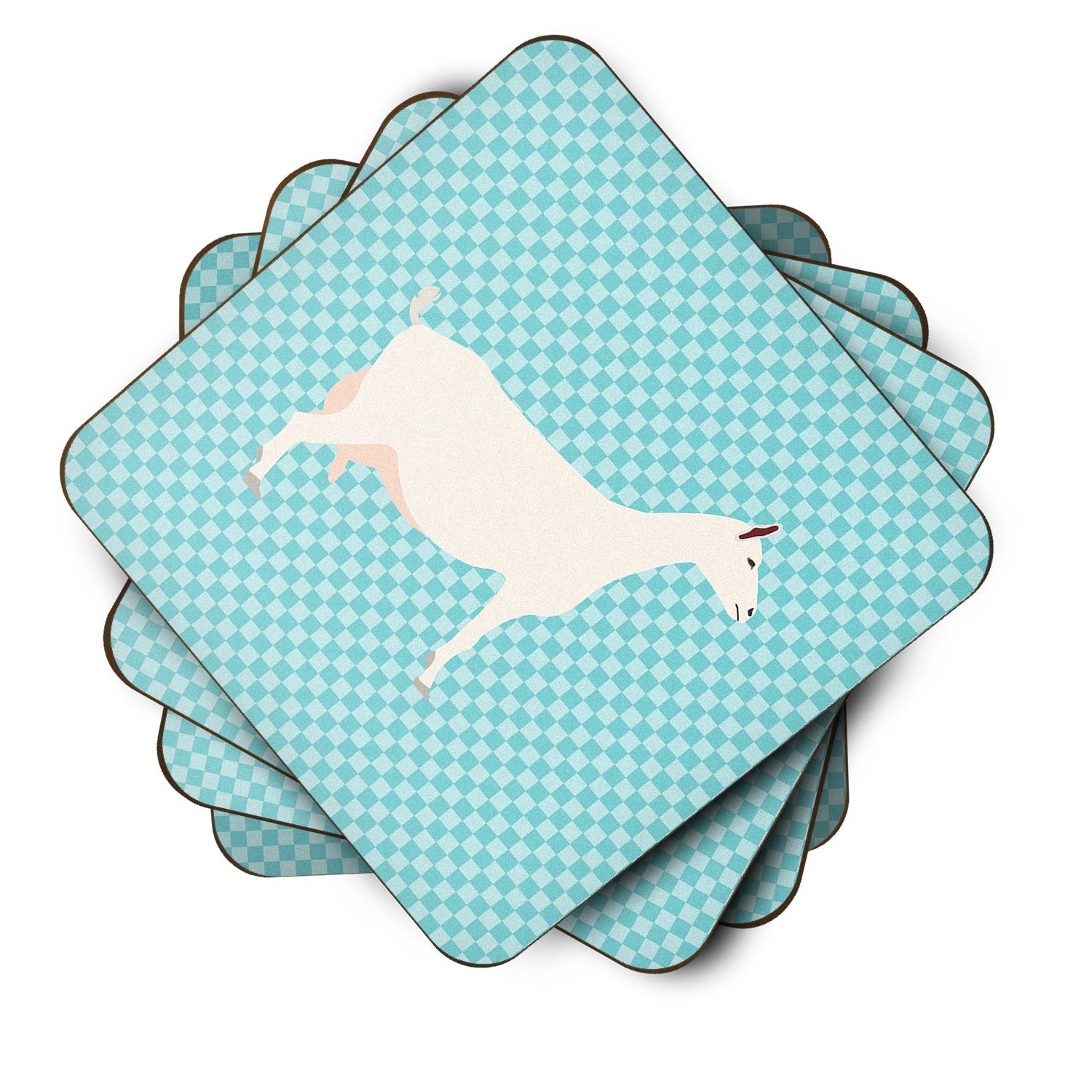 Saanen Goat Blue Check Foam Coasters Set of 4 Cup Coasters for Indoor Outdoor, Tabletop Protection, Anti Slip, Mouse pad Material