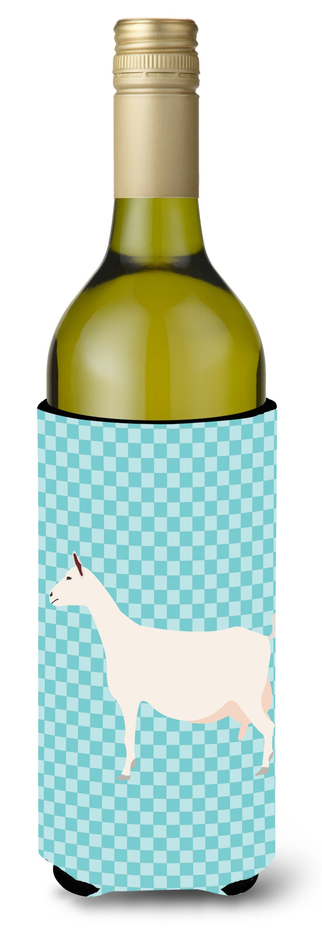 Saanen Goat Blue Check Wine Bottle Hugger Gift Sleeve for Standard 750 ml Bottles, Insulated Reusable Also Fits Mini Shot & Pint Bottles