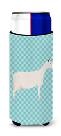 Saanen Goat Blue Check Slim Can Hugger , Insulated Foam Hugger for 12 oz Slim Cans, Beer Bottles & Water Bottles, Printed in USA