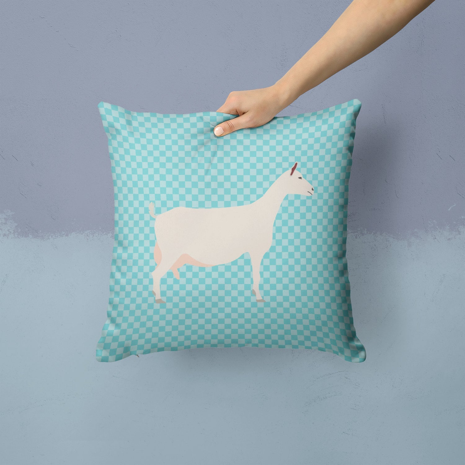Saanen Goat Blue Check Decorative Throw Pillow 14x14 Indoor Outdoor Accent Cushion, Fabric Cover with Insert for Sofa, Bed, Porch & Living Room