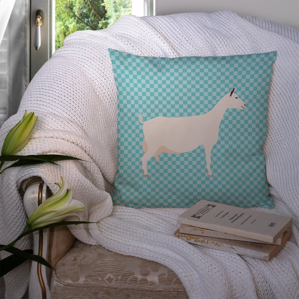 Saanen Goat Blue Check Decorative Throw Pillow 14x14 Indoor Outdoor Accent Cushion, Fabric Cover with Insert for Sofa, Bed, Porch & Living Room