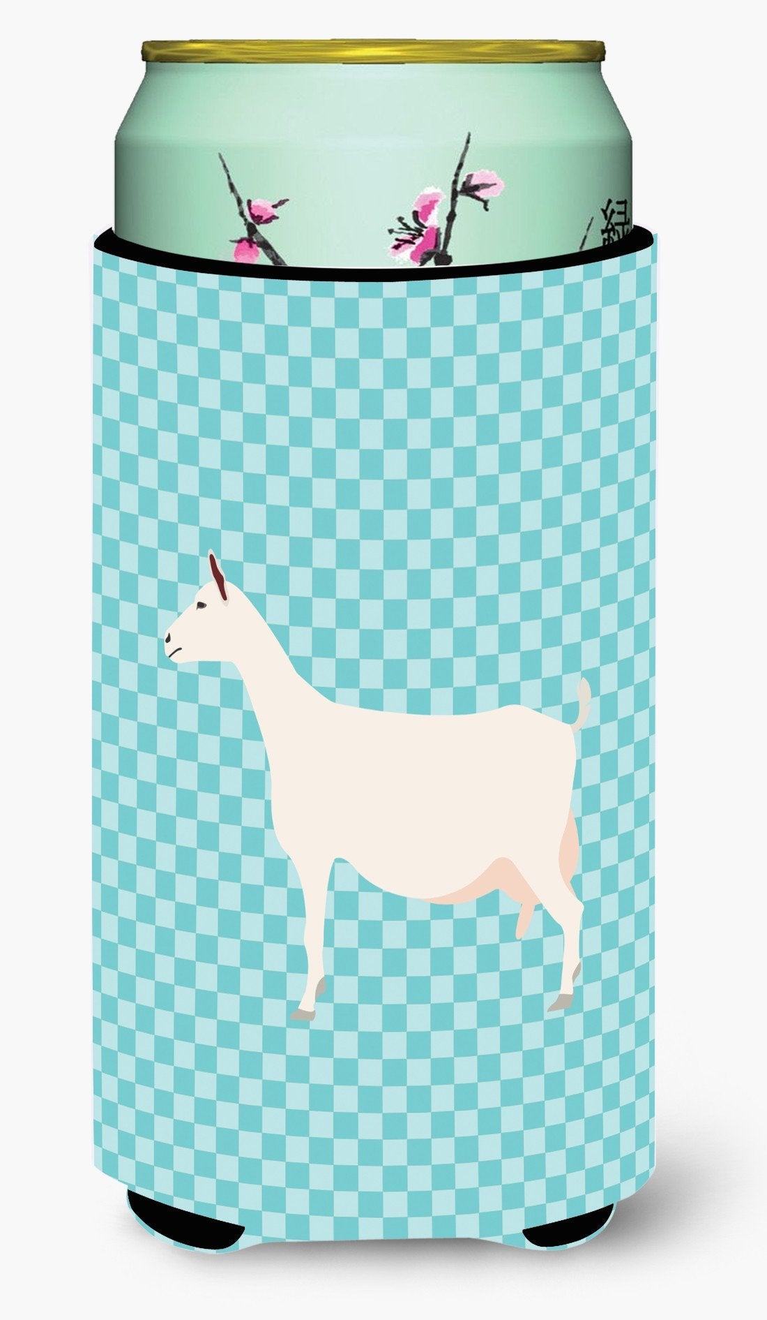 Saanen Goat Blue Check Tall Boy Hugger Can Cooler Sleeve Machine Washable Drink Collapsible Insulator Beverage Insulated Holder