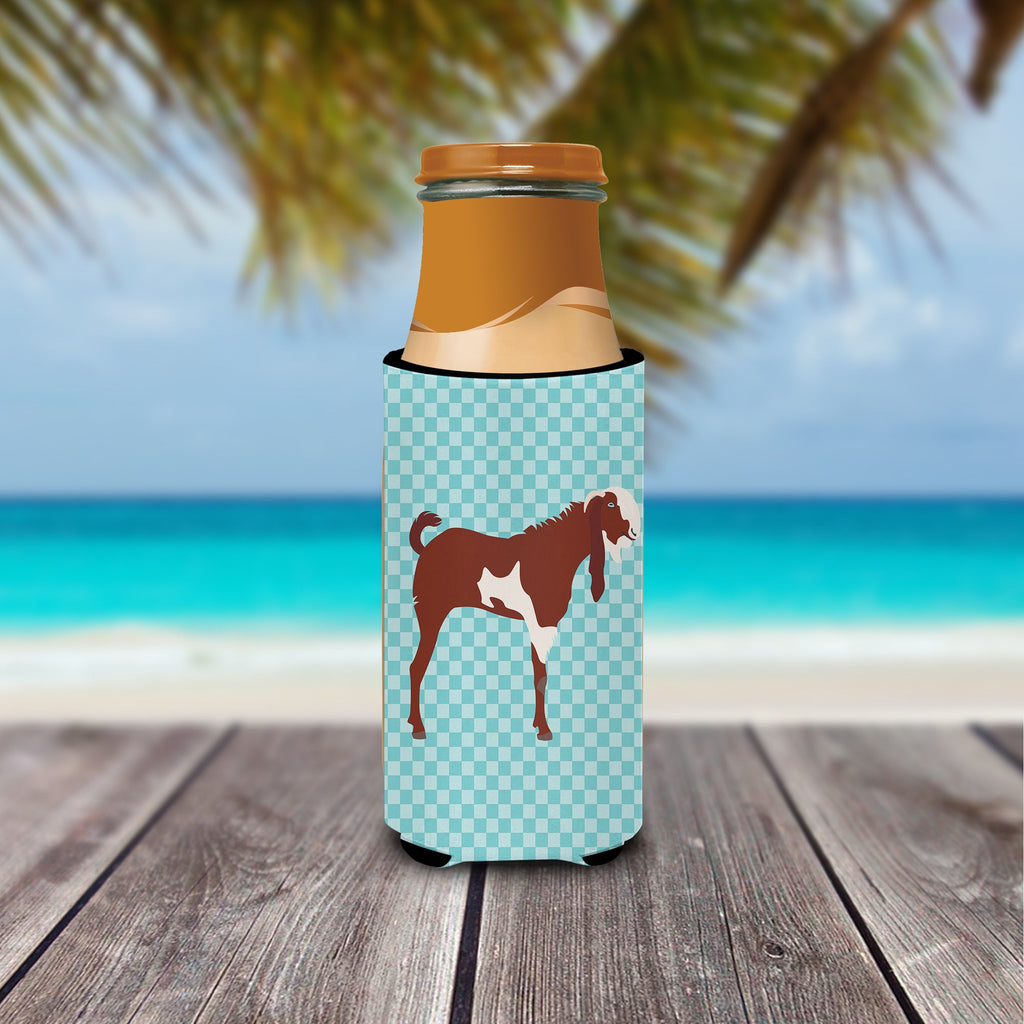 Jamnapari Goat Blue Check Slim Can Hugger , Insulated Foam Hugger for 12 oz Slim Cans, Beer Bottles & Water Bottles, Printed in USA