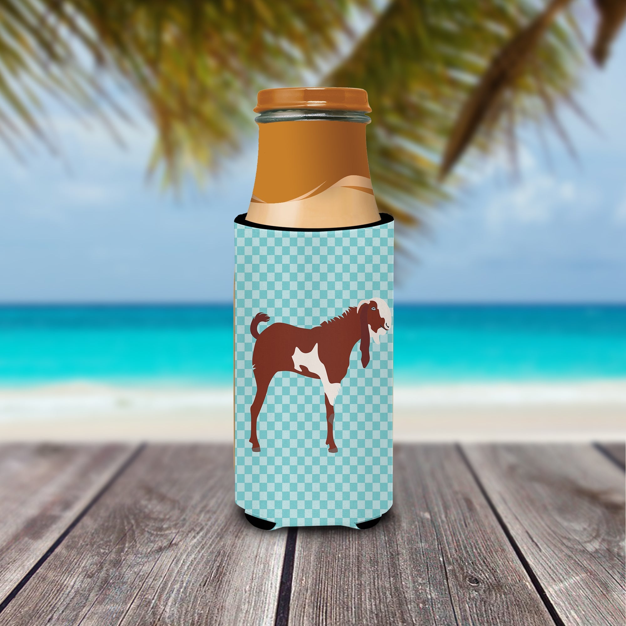 Jamnapari Goat Blue Check Slim Can Hugger , Insulated Foam Hugger for 12 oz Slim Cans, Beer Bottles & Water Bottles, Printed in USA