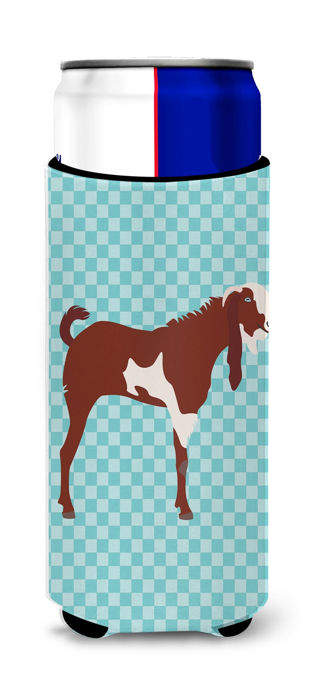 Jamnapari Goat Blue Check Slim Can Hugger , Insulated Foam Hugger for 12 oz Slim Cans, Beer Bottles & Water Bottles, Printed in USA