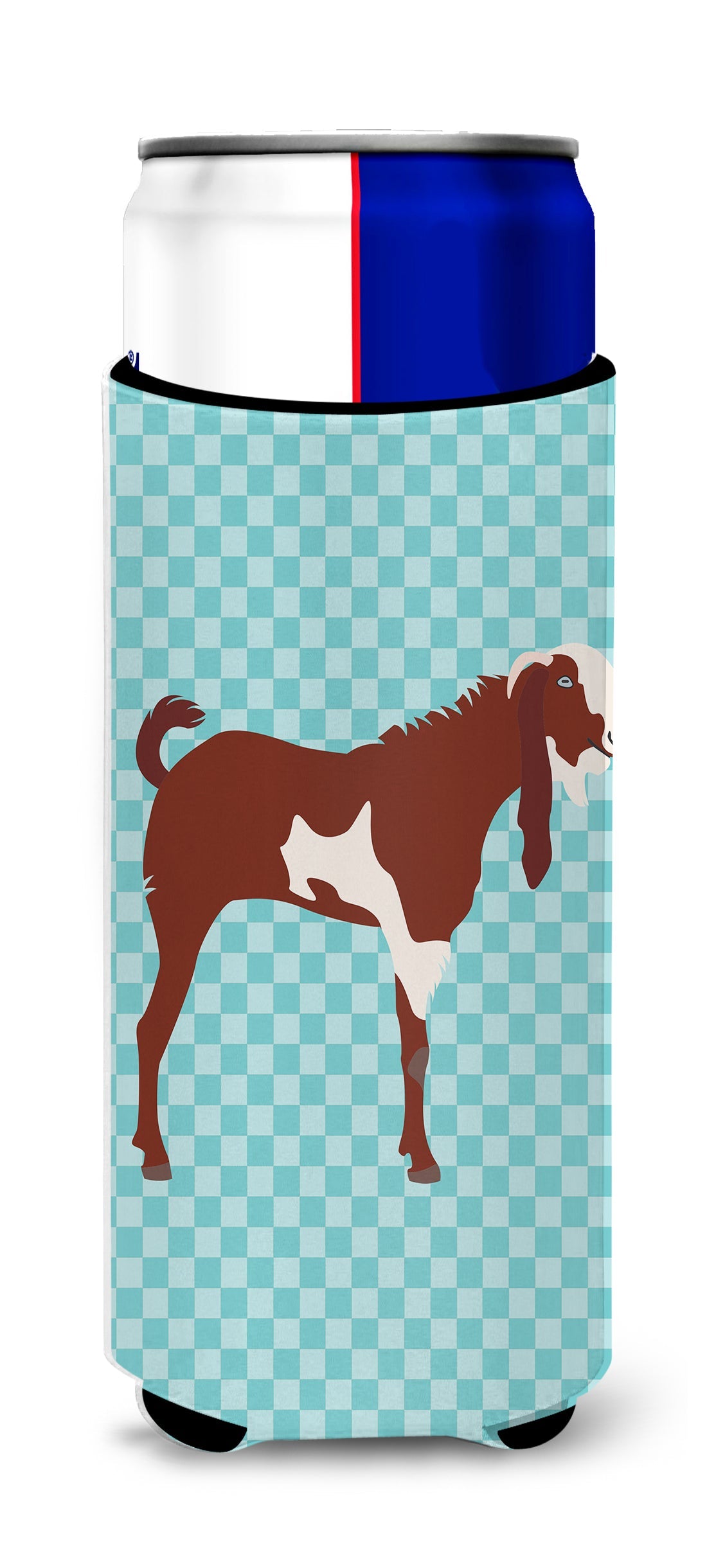 Jamnapari Goat Blue Check Slim Can Hugger , Insulated Foam Hugger for 12 oz Slim Cans, Beer Bottles & Water Bottles, Printed in USA