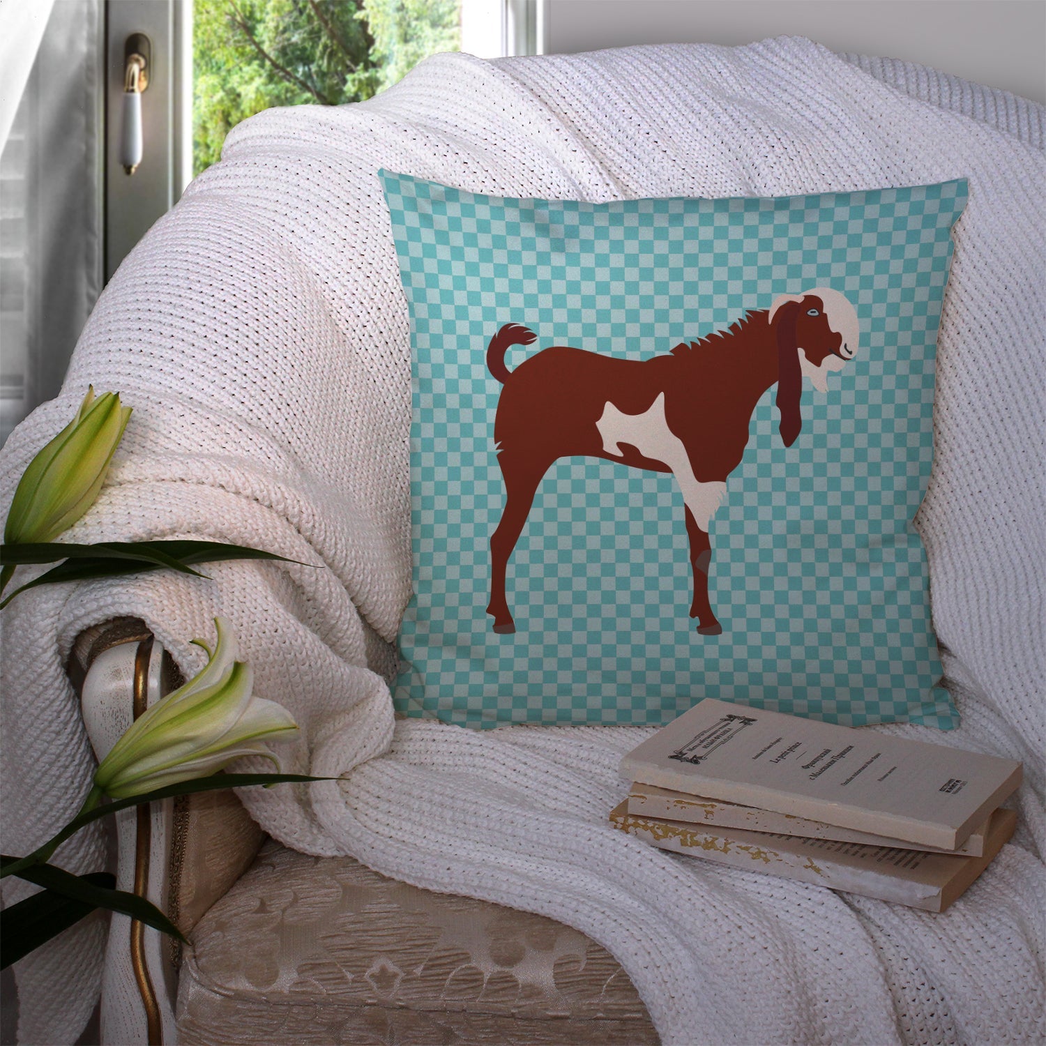 Jamnapari Goat Blue Check Decorative Throw Pillow 14x14 Indoor Outdoor Accent Cushion, Fabric Cover with Insert for Sofa, Bed, Porch & Living Room