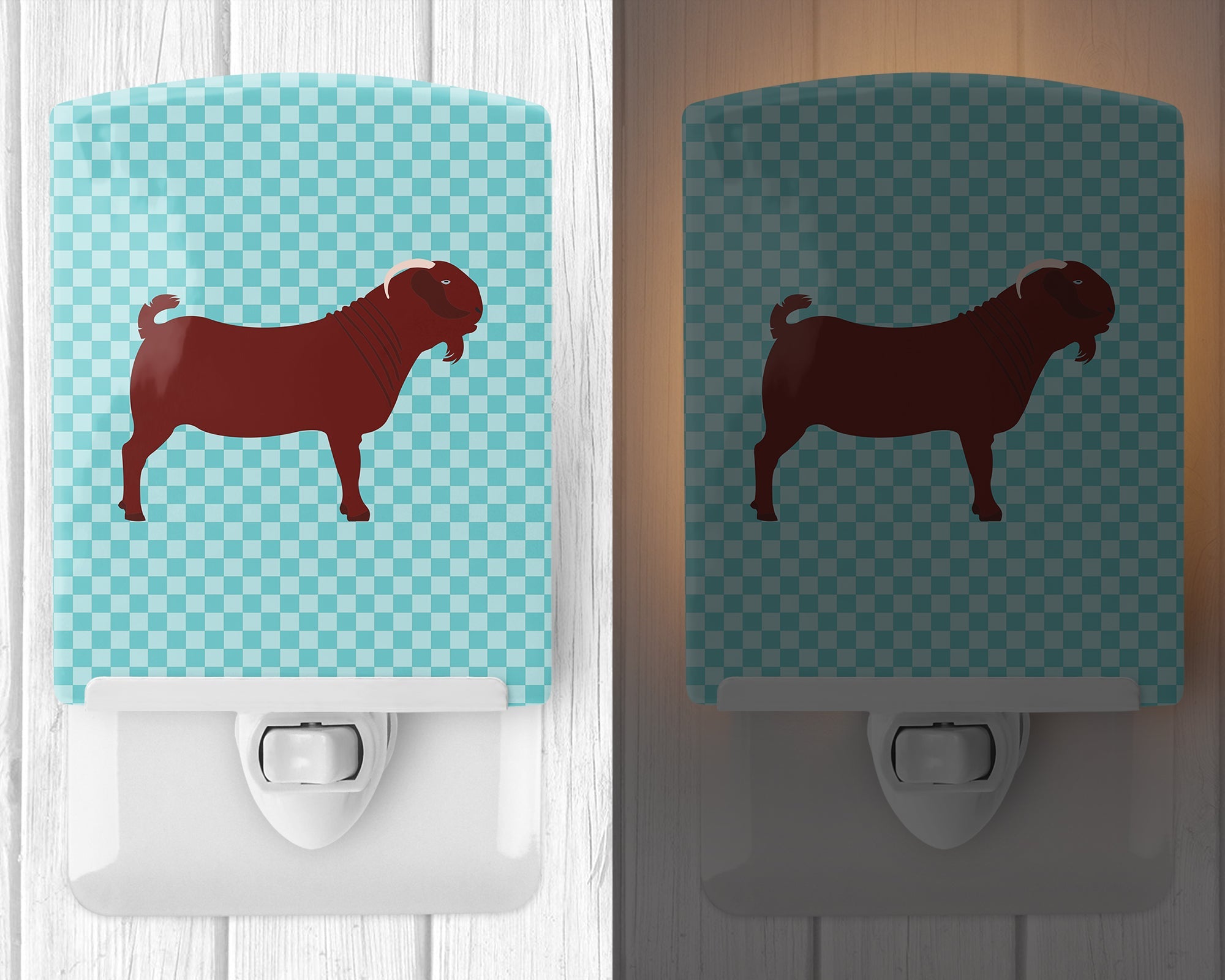 Kalahari Red Goat Blue Check Ceramic Night Light Compact, UL-Certified, Ideal for Bedroom, Bathroom, Nursery, Hallway, Kitchen, 6x4x3, Multicolor