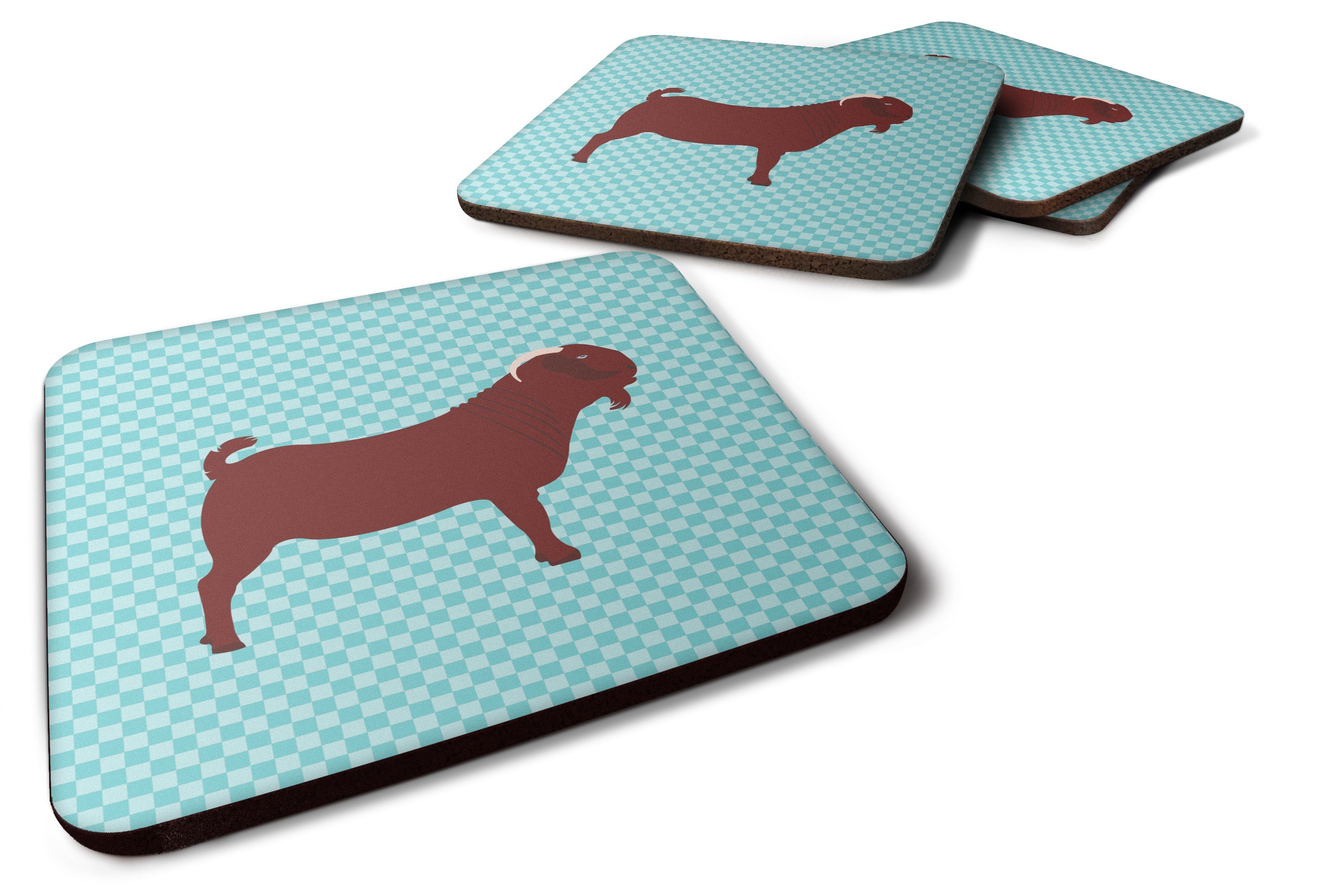 Kalahari Red Goat Blue Check Foam Coasters Set of 4 Cup Coasters for Indoor Outdoor, Tabletop Protection, Anti Slip, Mouse pad Material