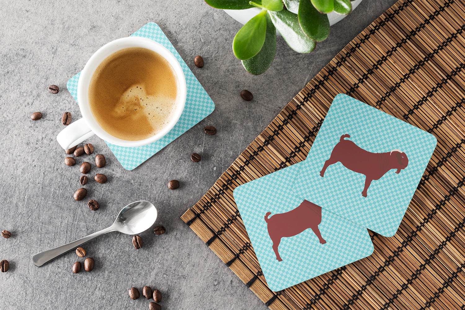 Kalahari Red Goat Blue Check Foam Coasters Set of 4 Cup Coasters for Indoor Outdoor, Tabletop Protection, Anti Slip, Mouse pad Material