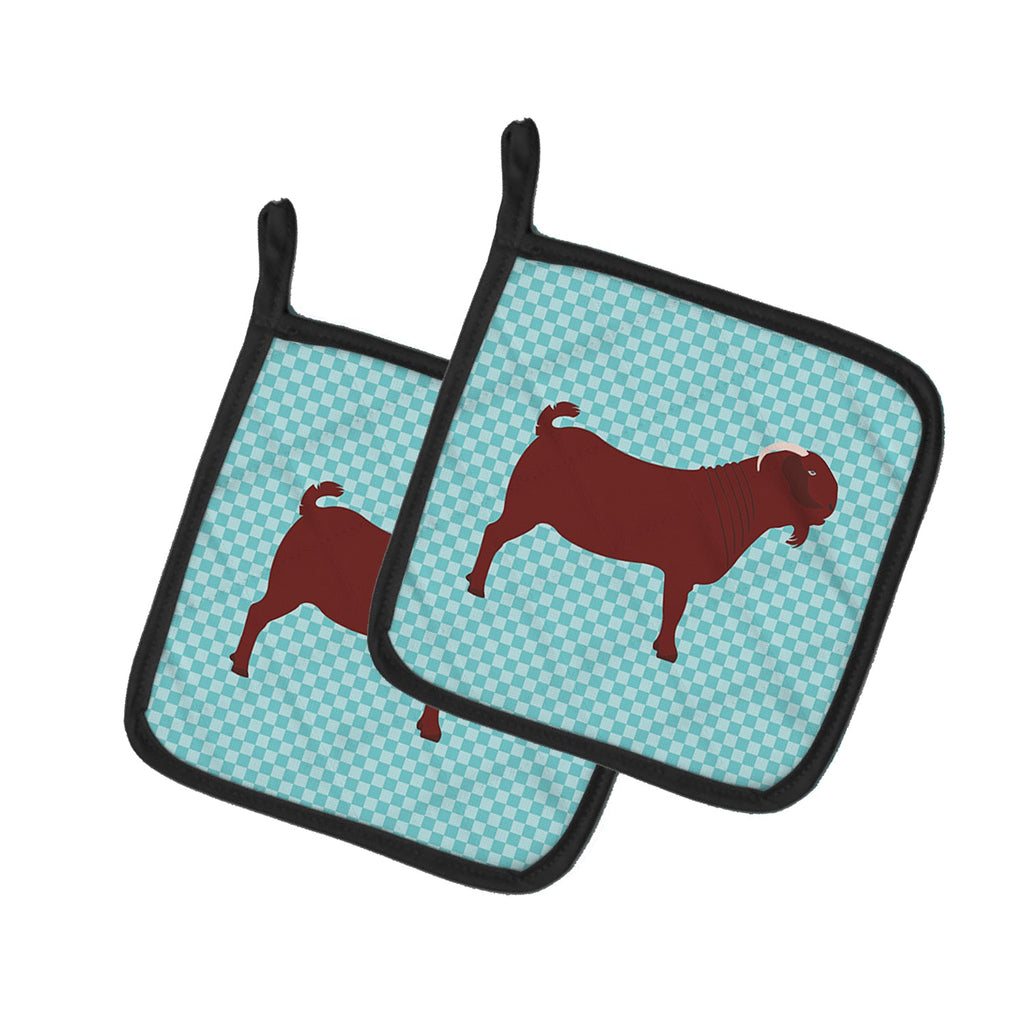 Kalahari Red Goat Blue Check Pot Holder Set of 2 Heat Resistant Quilted Hot Pads 7.5 x 7.5 Inch, Insulated Kitchen Trivets for Cooking & Baking