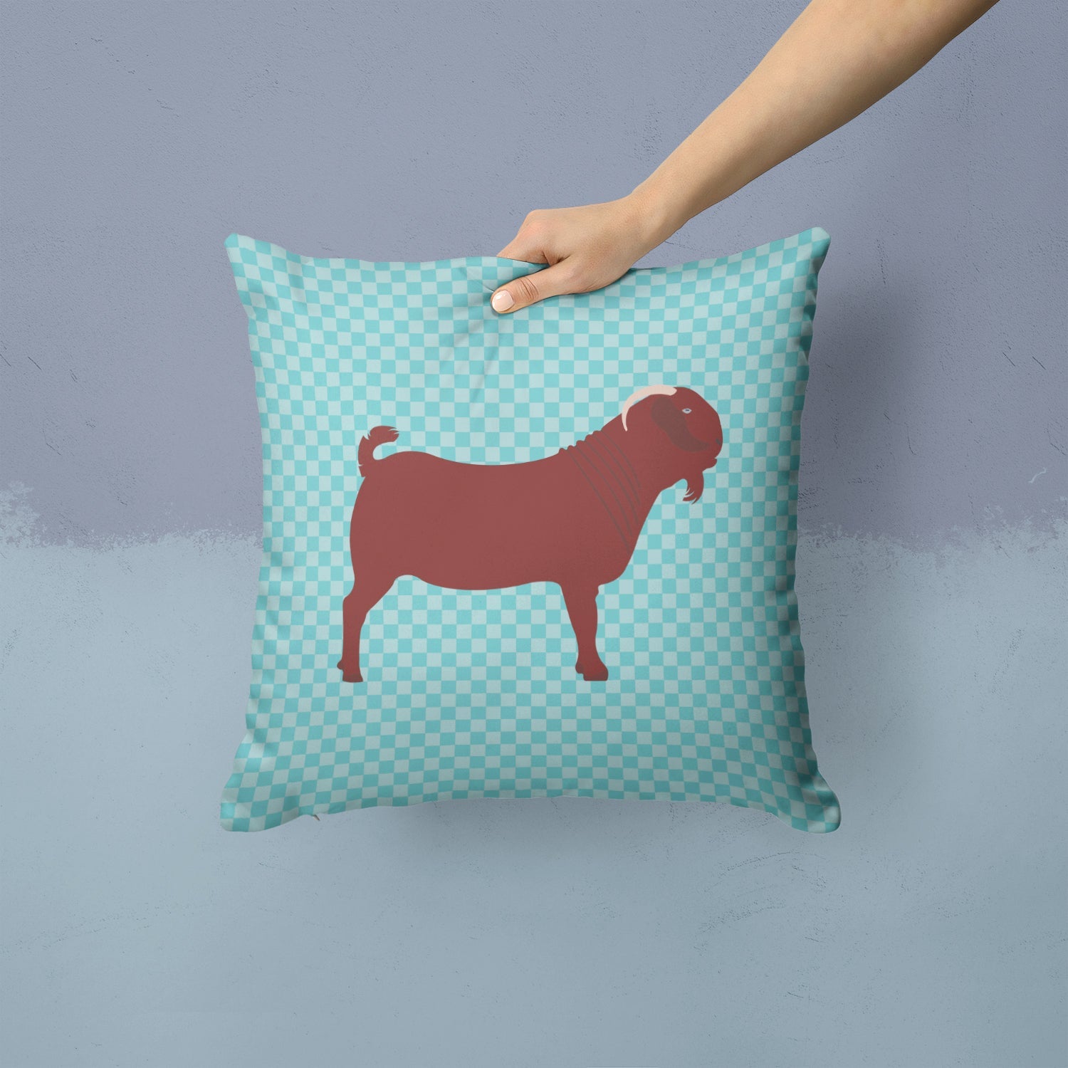 Kalahari Red Goat Blue Check Decorative Throw Pillow 14x14 Indoor Outdoor Accent Cushion, Fabric Cover with Insert for Sofa, Bed, Porch & Living Room