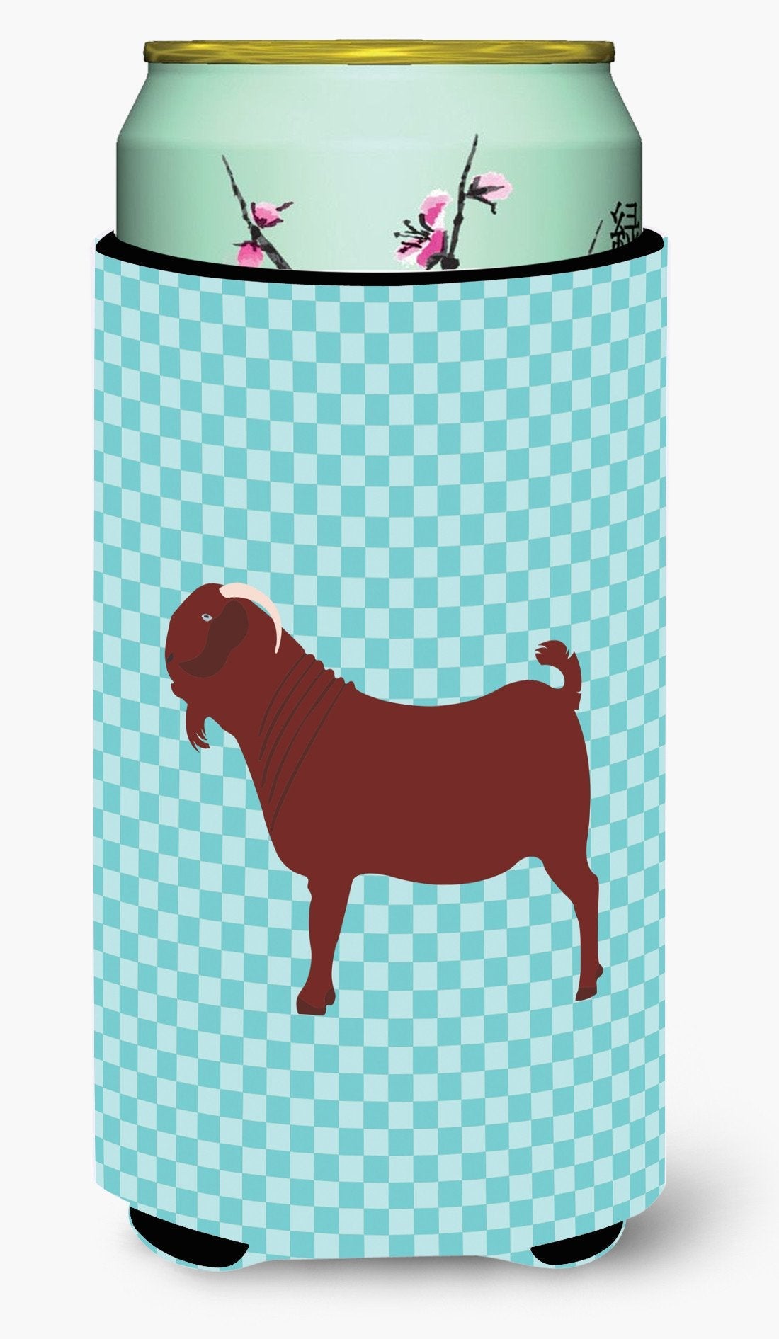 Kalahari Red Goat Blue Check Tall Boy Hugger Can Cooler Sleeve Machine Washable Drink Collapsible Insulator Beverage Insulated Holder