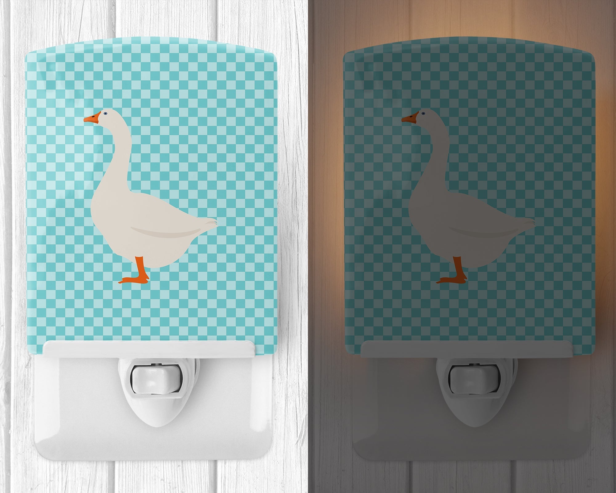 Embden Goose Blue Check Ceramic Night Light Compact, UL-Certified, Ideal for Bedroom, Bathroom, Nursery, Hallway, Kitchen, 6x4x3, Multicolor