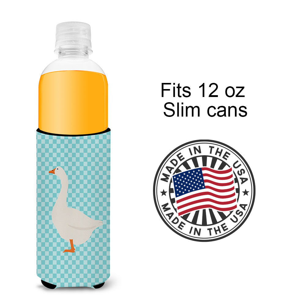 Embden Goose Blue Check Slim Can Hugger , Insulated Foam Hugger for 12 oz Slim Cans, Beer Bottles & Water Bottles, Printed in USA