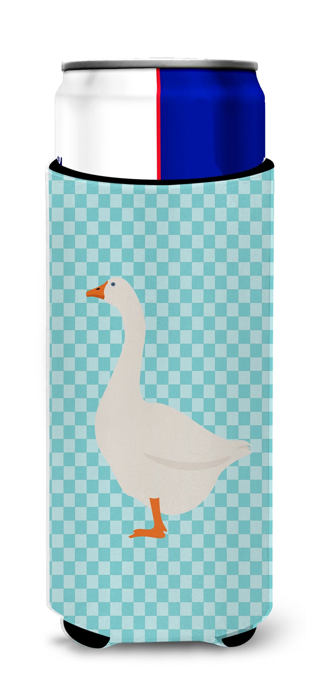 Embden Goose Blue Check Slim Can Hugger , Insulated Foam Hugger for 12 oz Slim Cans, Beer Bottles & Water Bottles, Printed in USA